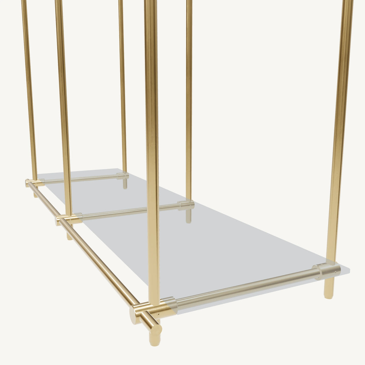 Custom ceiling-mounted solid brass shelving frame, 1 shelf, 2 sections, detail view, unlacquered satin brass finish, glass not included, BrassShelf