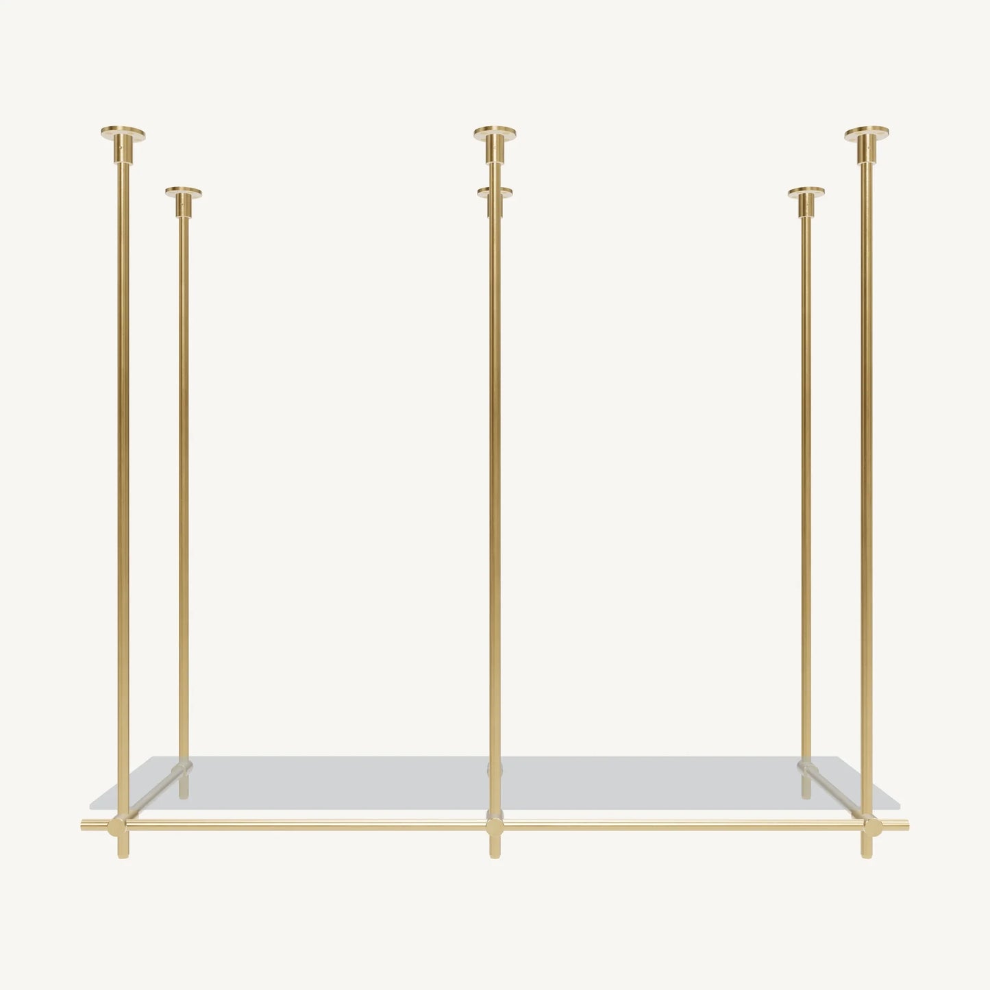 Custom ceiling-mounted solid brass shelving frame, 1 shelf 2 sections, front view, unlacquered satin brass finish, glass not included, BrassShelf