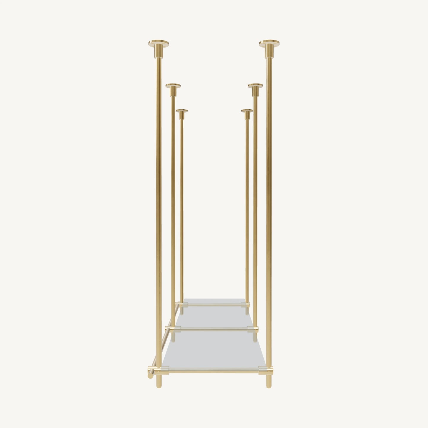 Custom ceiling-mounted solid brass shelving frame, 1 shelf, 2 sections, side view, unlacquered satin brass finish, glass not included, BrassShelf