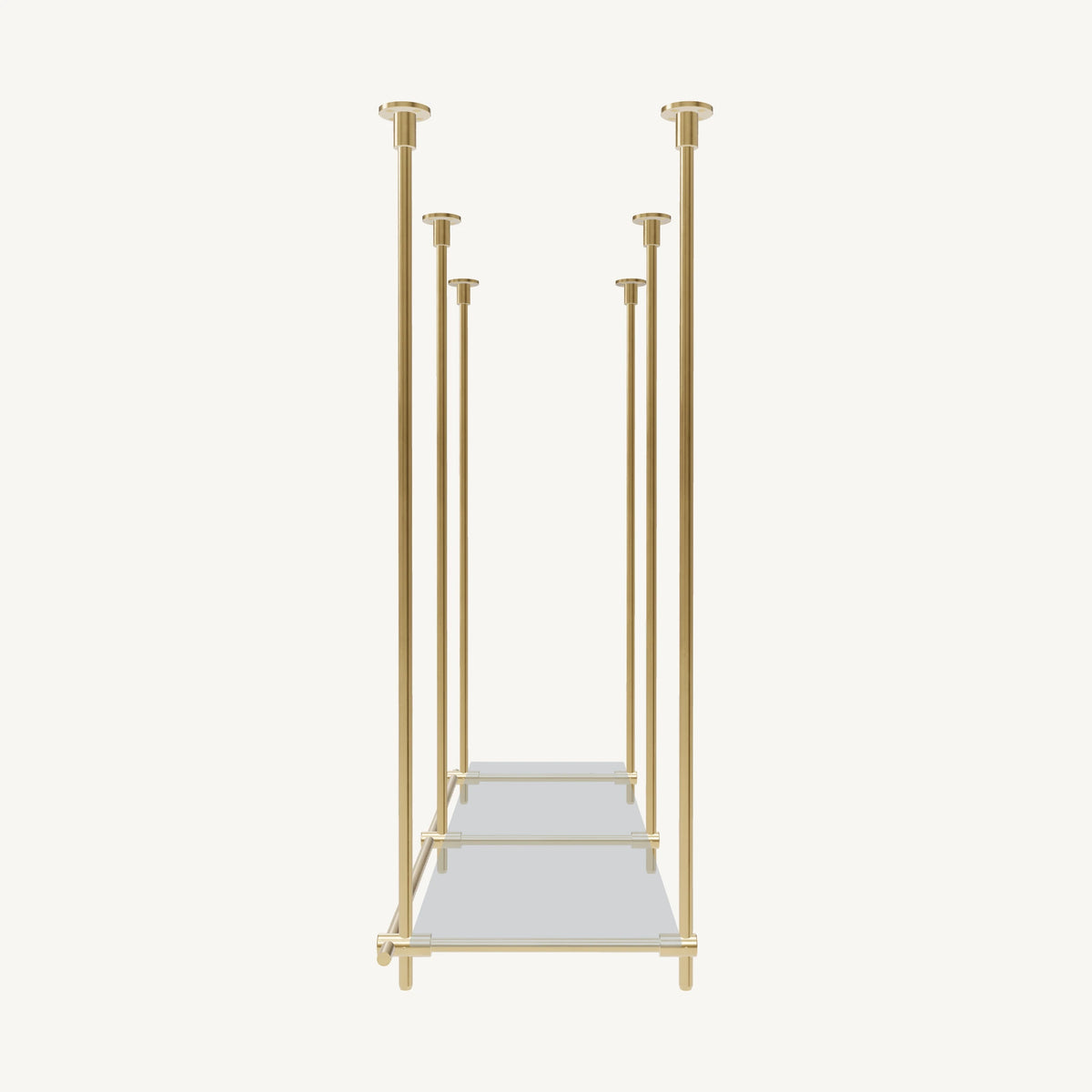 Custom ceiling-mounted solid brass shelving frame, 1 shelf, 2 sections, side view, unlacquered satin brass finish, glass not included, BrassShelf