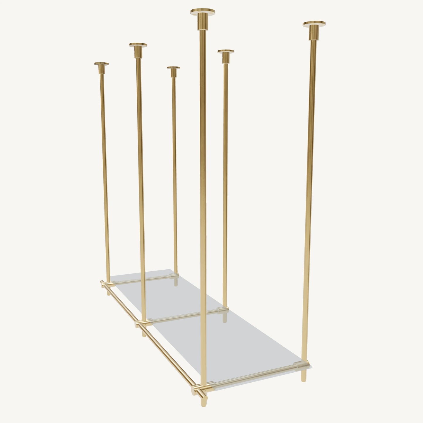 Custom ceiling-mounted solid brass shelving frame, 1 shelf, 2 sections, top view, unlacquered satin brass finish, glass not included, BrassShelf