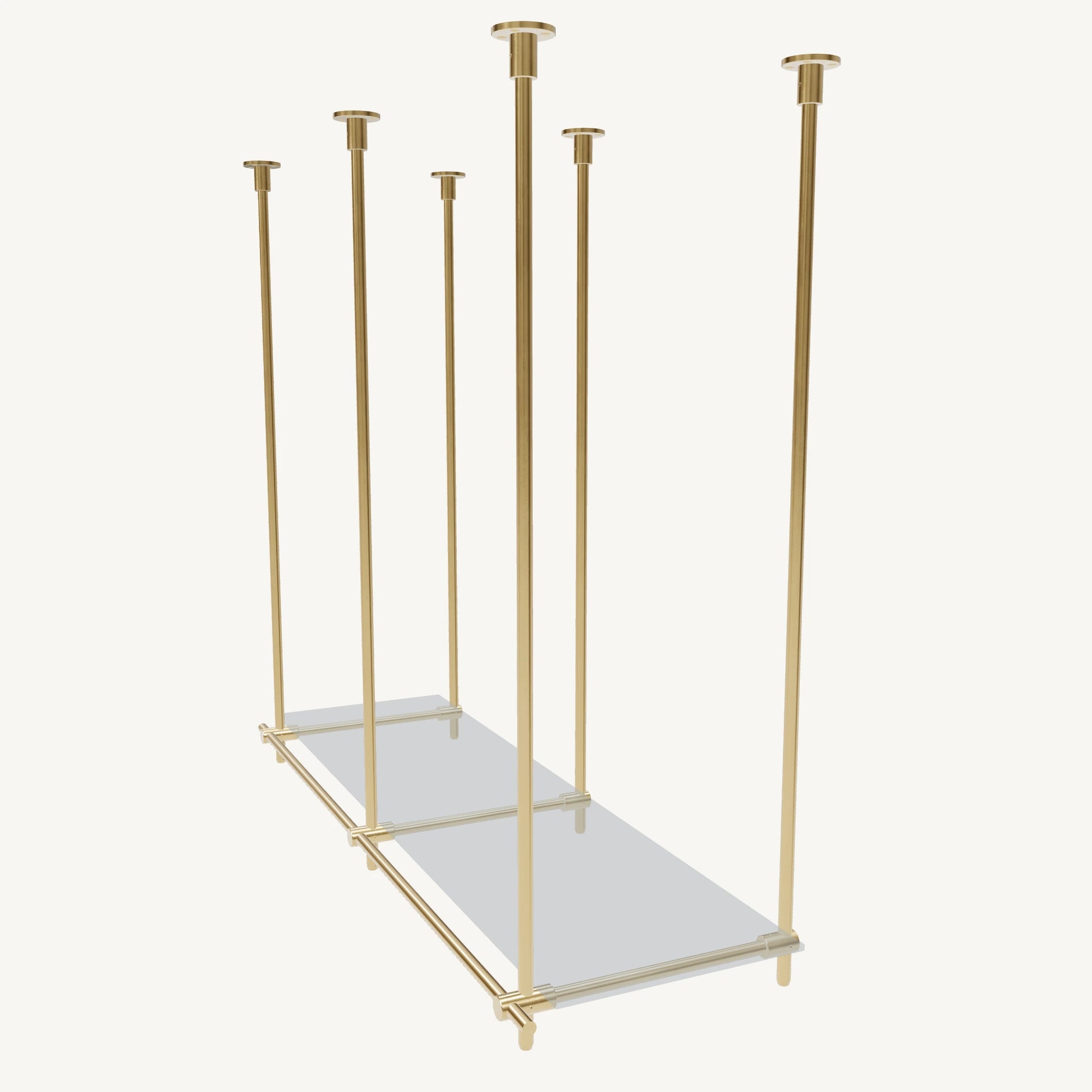 Custom ceiling-mounted solid brass shelving frame, 1 shelf, 2 sections, top view, unlacquered satin brass finish, glass not included, BrassShelf
