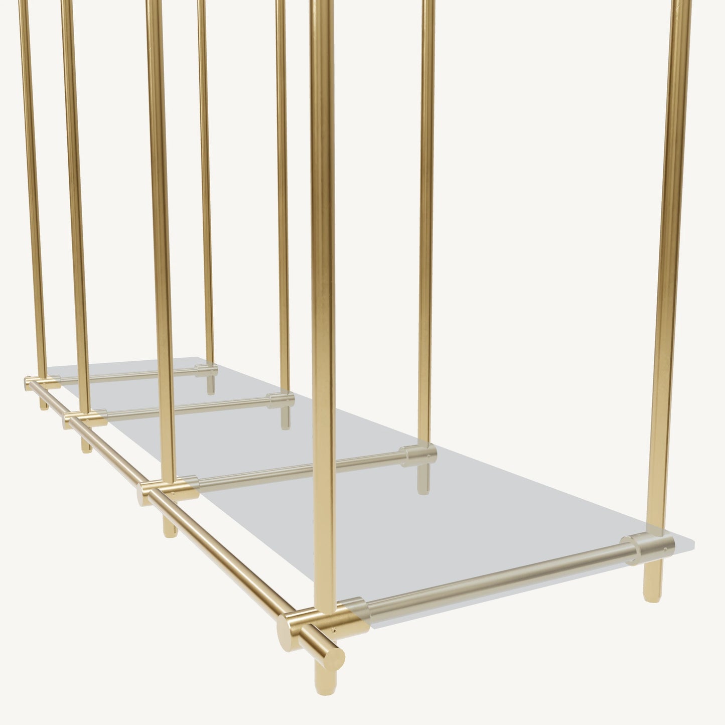 Custom ceiling-mounted solid brass shelving frame, 1 shelf, 3 sections, detail view, unlacquered satin brass finish, glass not included, BrassShelf