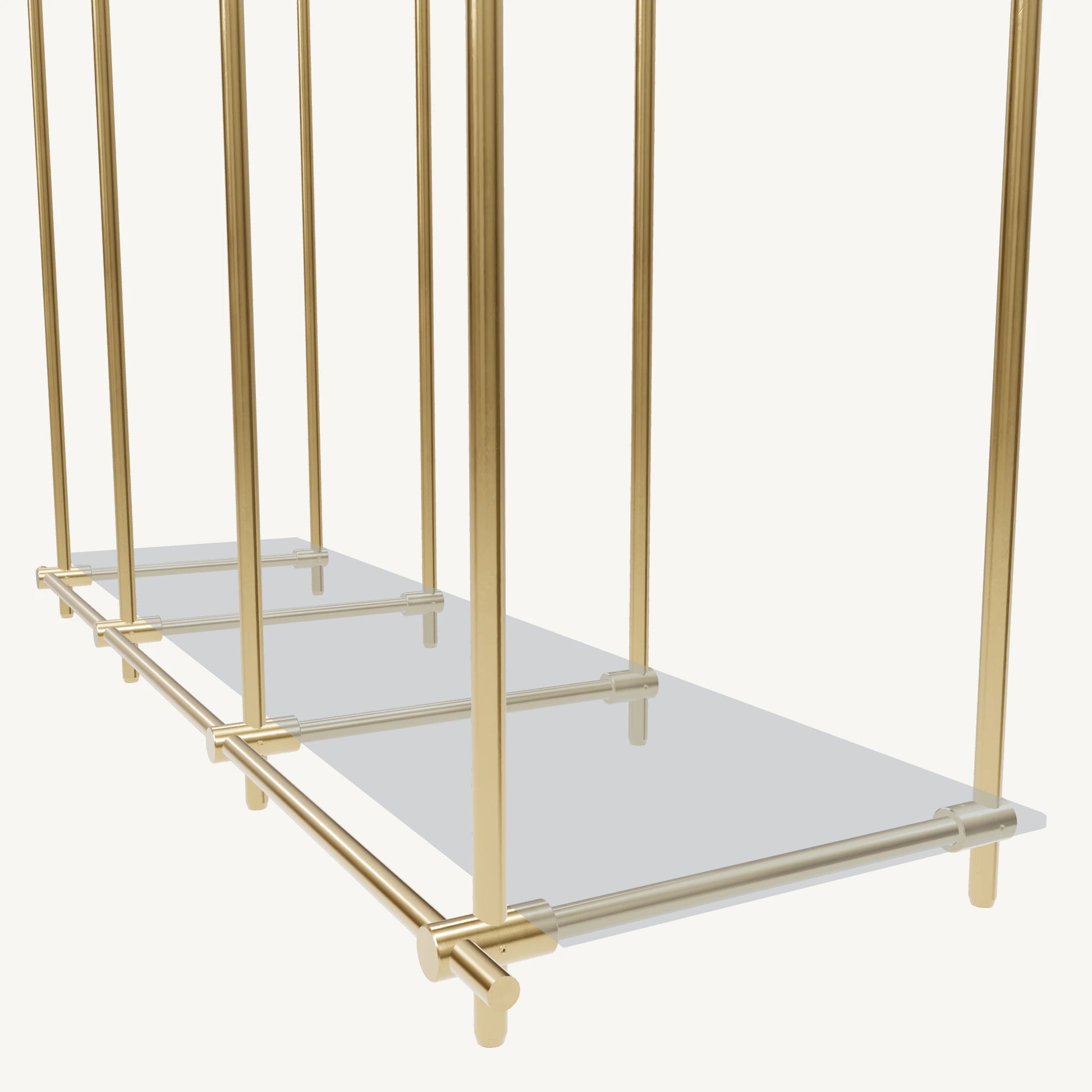 Custom ceiling-mounted solid brass shelving frame, 1 shelf, 3 sections, detail view, unlacquered satin brass finish, glass not included, BrassShelf