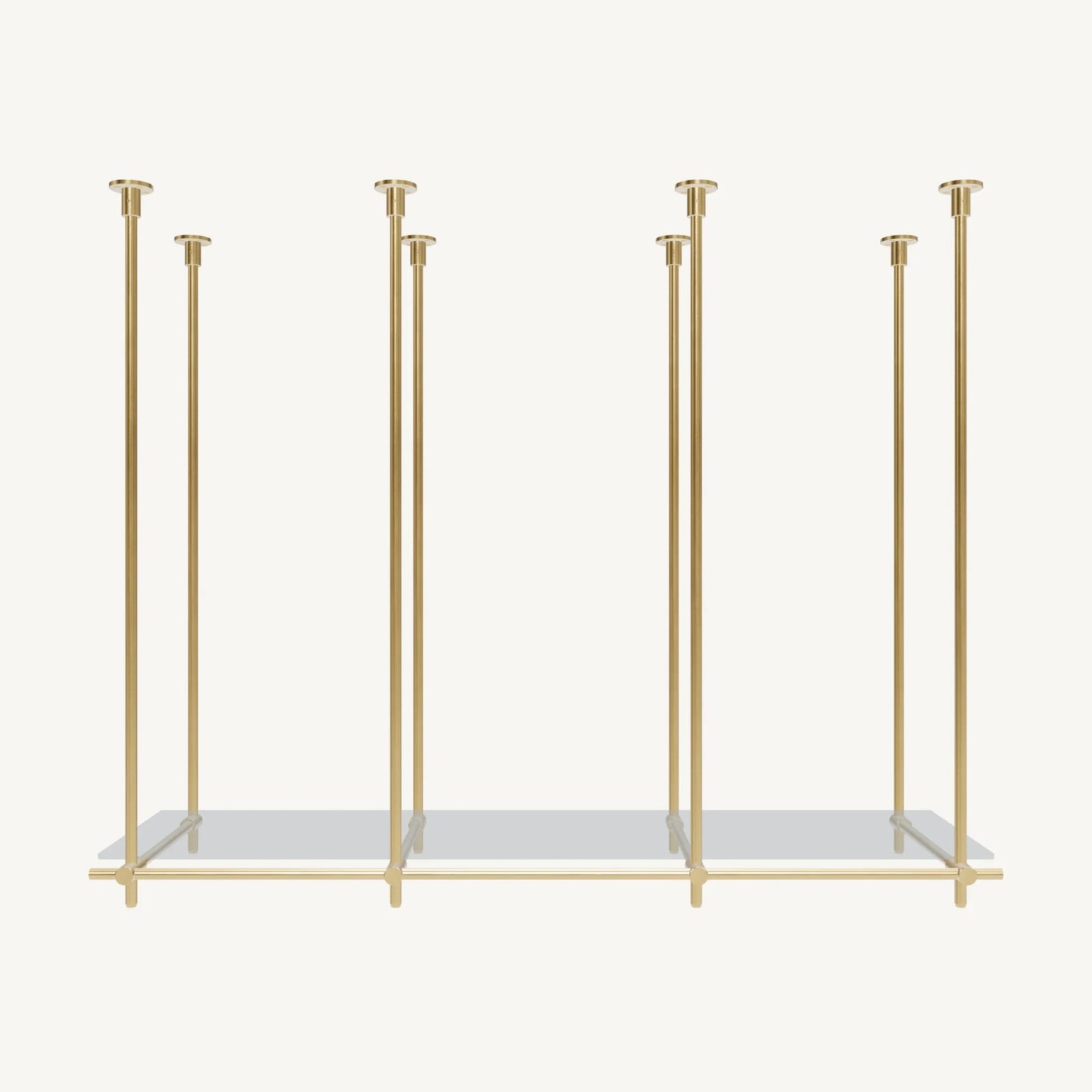 Custom ceiling-mounted solid brass shelving frame, 1 shelf 3 sections, front view, unlacquered satin brass finish, glass not included, BrassShelf