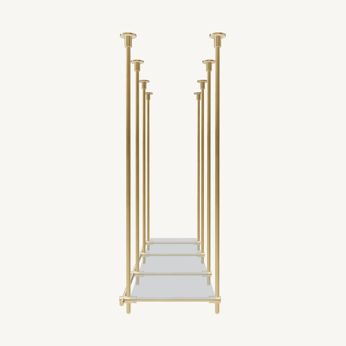 Custom ceiling-mounted solid brass shelving frame, 1 shelf, 3 sections, side view, unlacquered satin brass finish, glass not included, BrassShelf