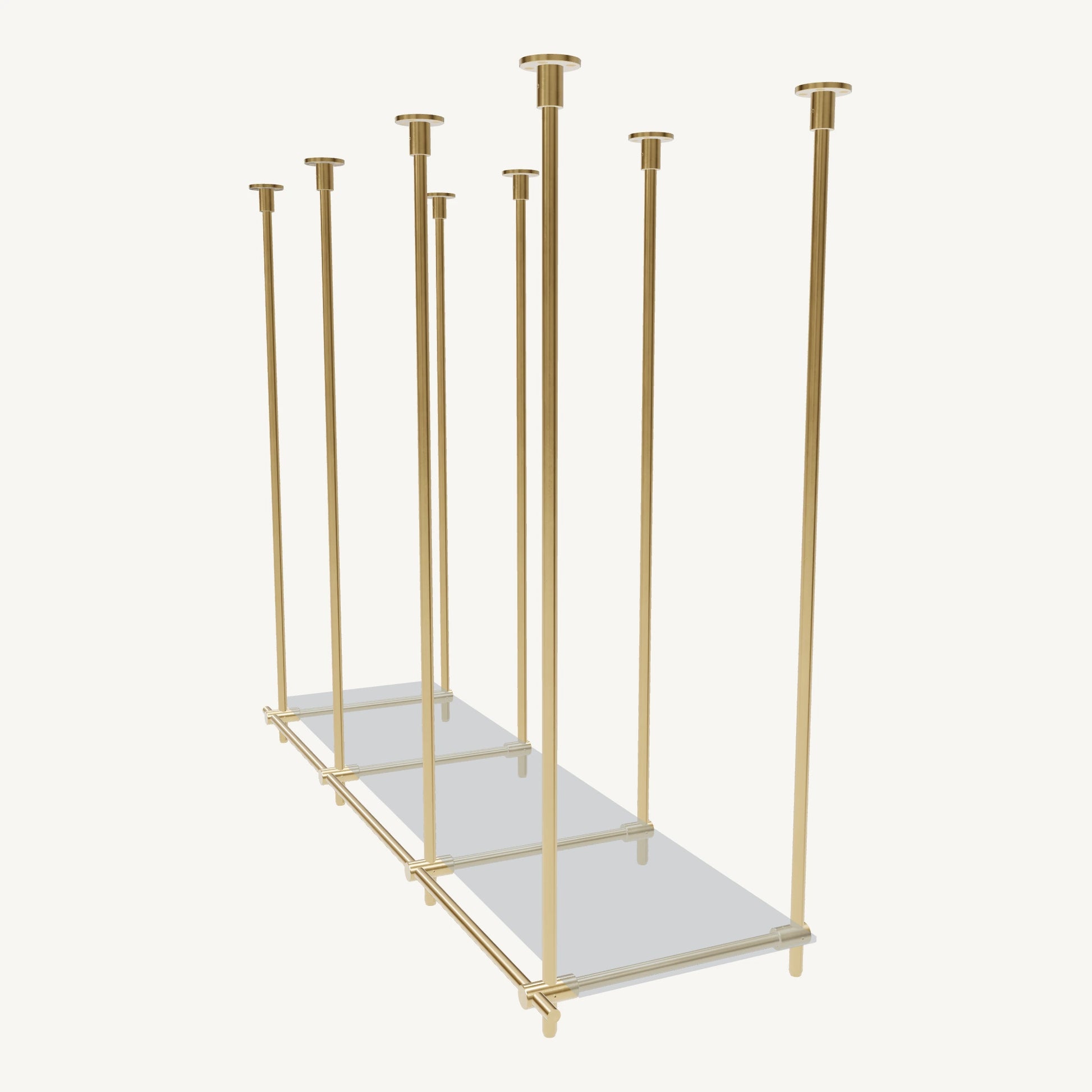 Custom ceiling-mounted solid brass shelving frame, 1 shelf, 3 sections, top view, unlacquered satin brass finish, glass not included, BrassShelf