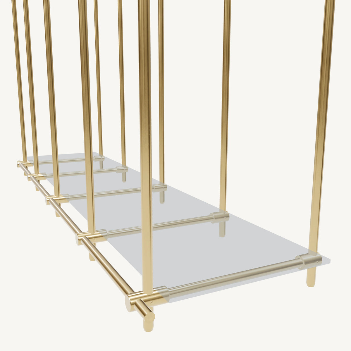 Custom ceiling-mounted solid brass shelving frame, 1 shelf, 4 sections, detail view, unlacquered satin brass finish, glass not included, BrassShelf