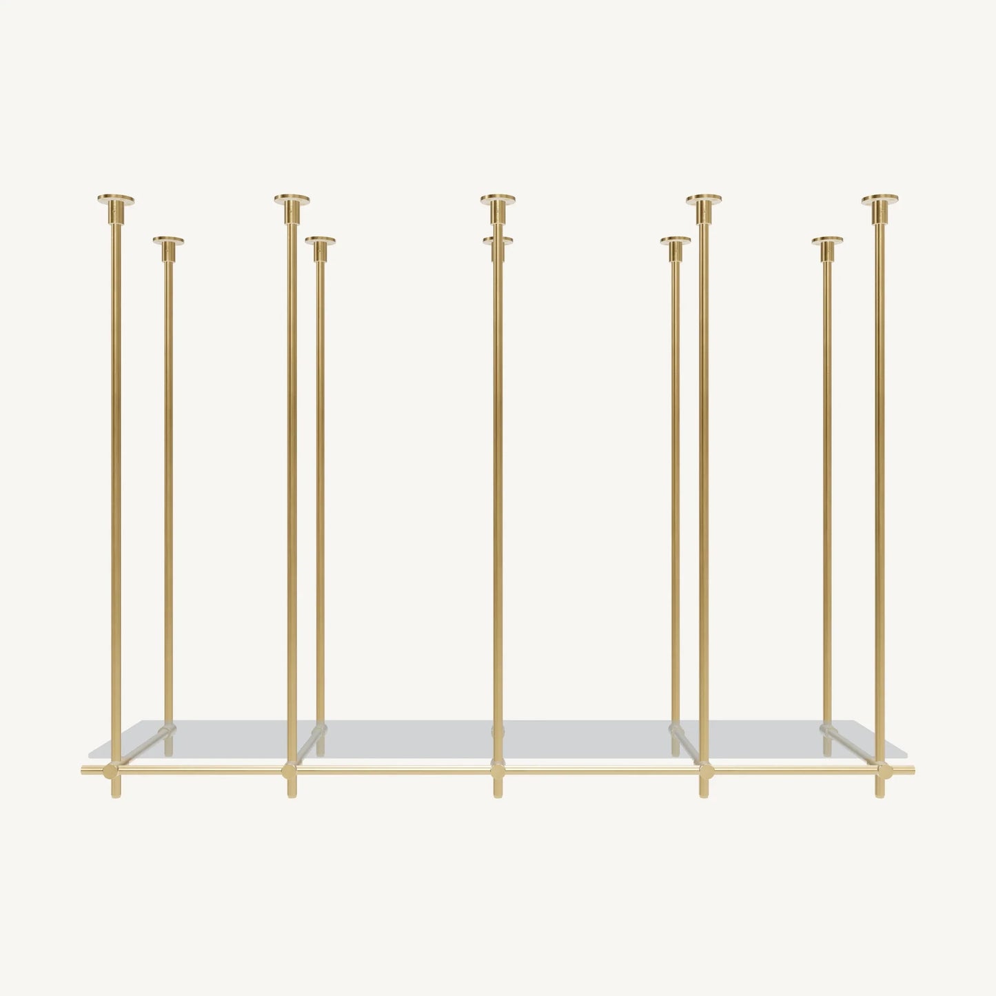 Custom ceiling-mounted solid brass shelving frame, 1 shelf 4 sections, front view, unlacquered satin brass finish, glass not included, BrassShelf