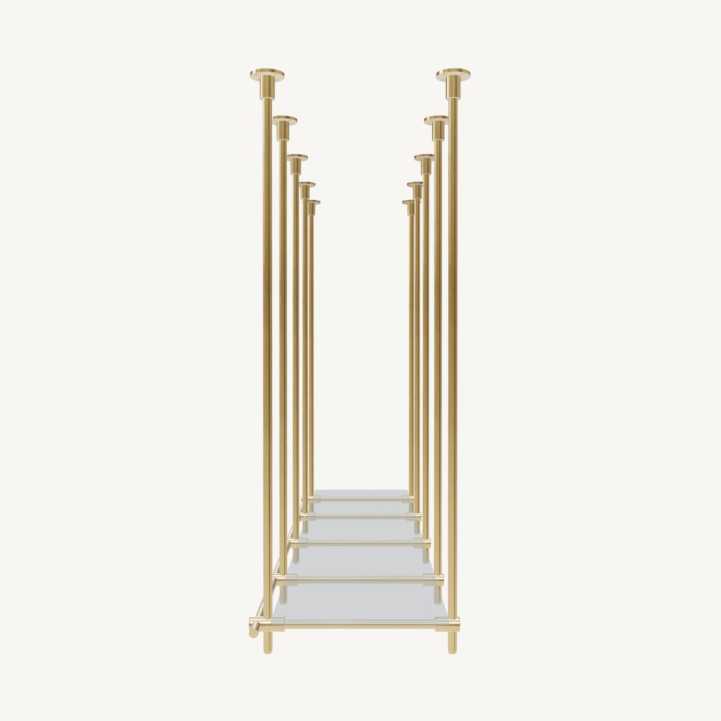 Custom ceiling-mounted solid brass shelving frame, 1 shelf, 4 sections, side view, unlacquered satin brass finish, glass not included, BrassShelf
