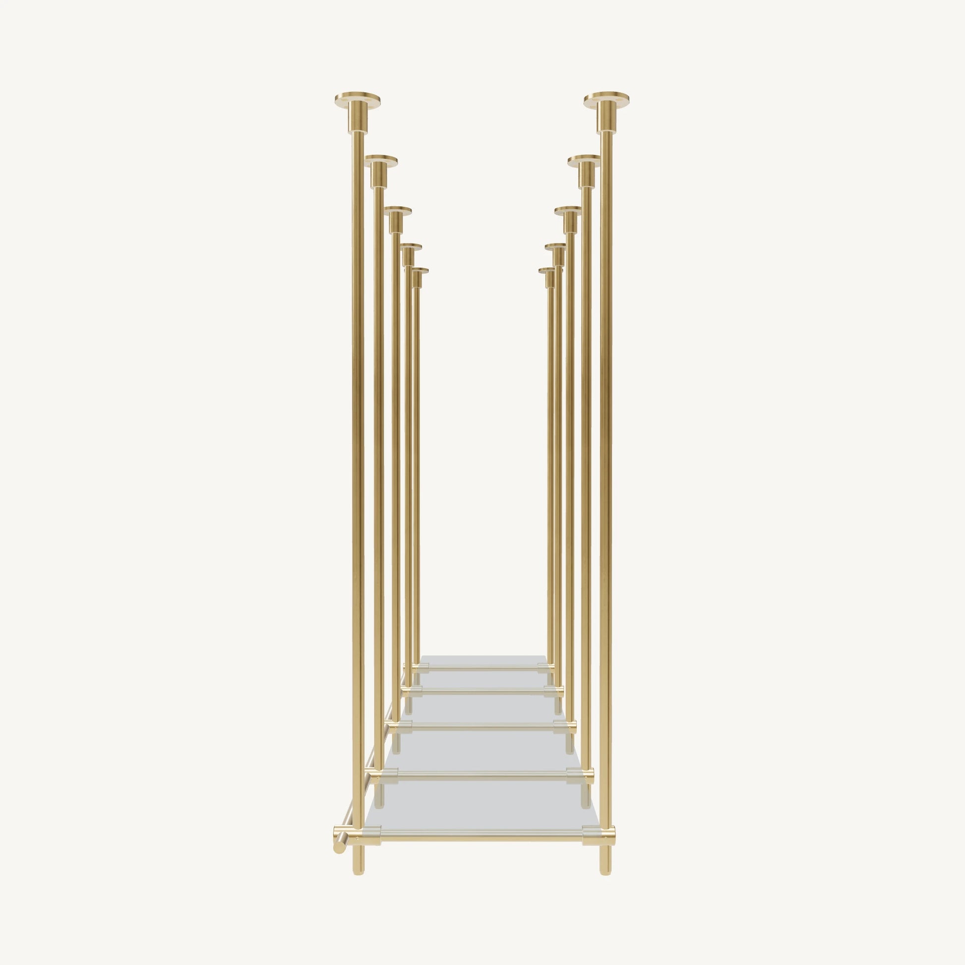Custom ceiling-mounted solid brass shelving frame, 1 shelf, 4 sections, side view, unlacquered satin brass finish, glass not included, BrassShelf
