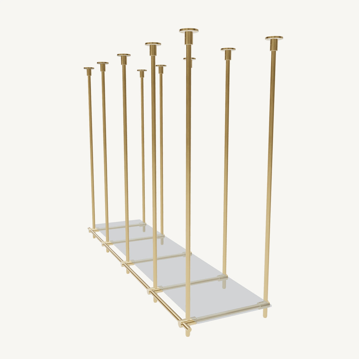 Custom ceiling-mounted solid brass shelving frame, 1 shelf, 4 sections, top view, unlacquered satin brass finish, glass not included, BrassShelf
