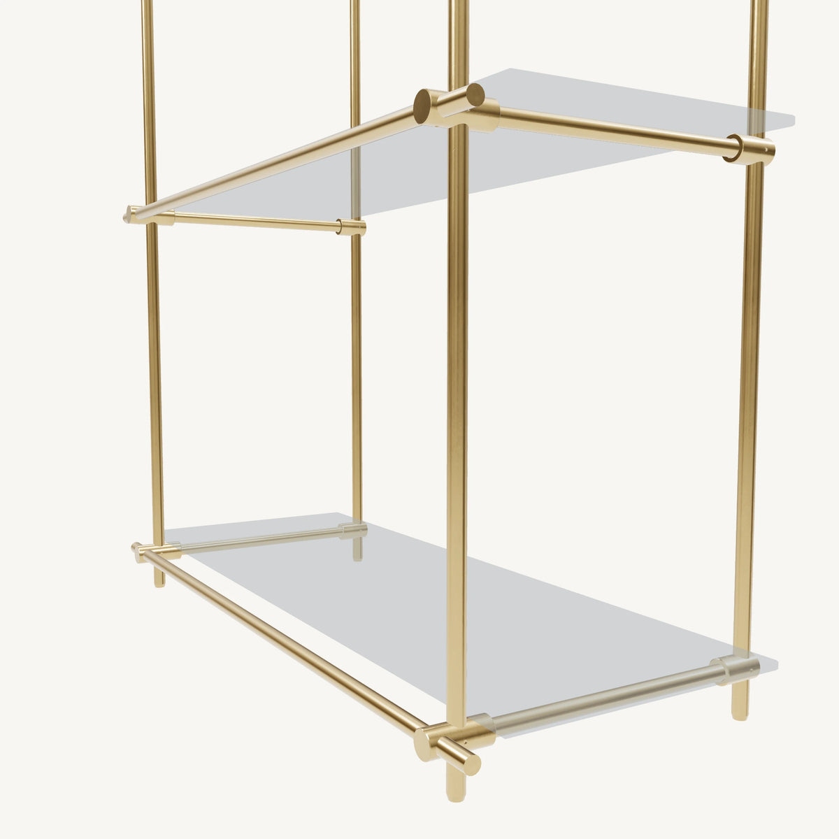 Custom ceiling-mounted solid brass shelving frame, 2 shelves, 1 section, detail view, unlacquered satin brass finish, glass not included, BrassShelf