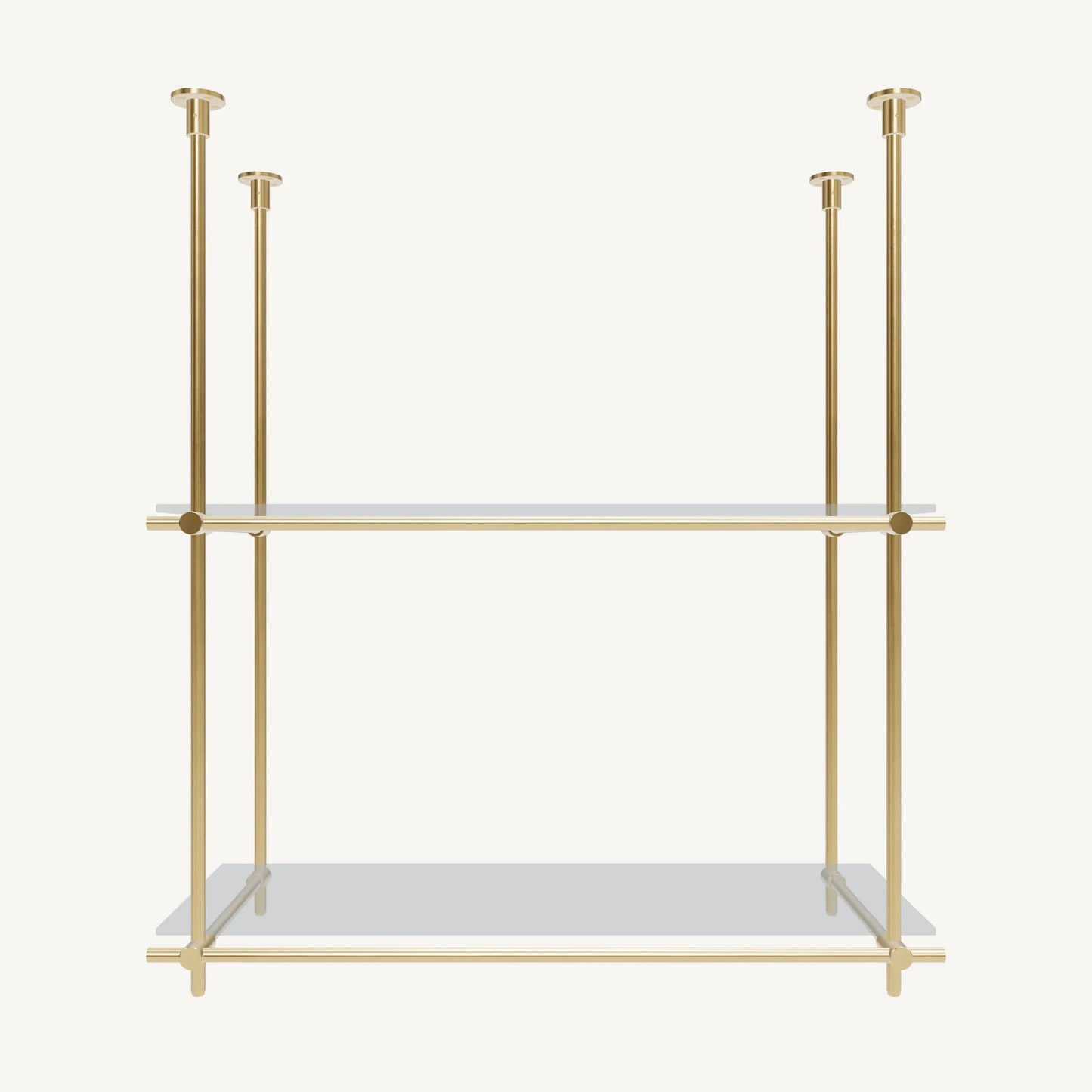 Custom ceiling-mounted solid brass shelving frame, 2 shelves 1 section, front view, unlacquered satin brass finish, glass not included, BrassShelf