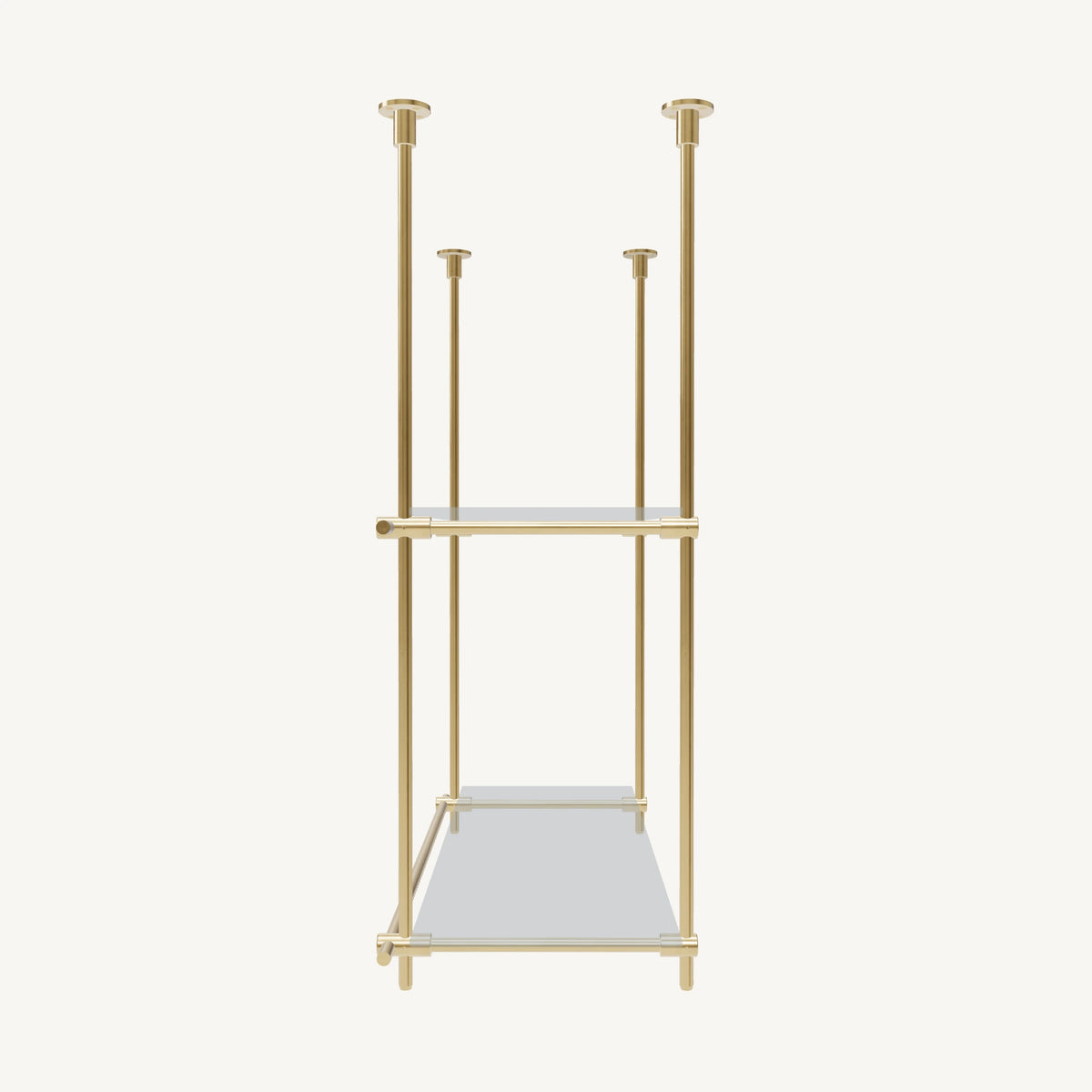 Custom ceiling-mounted solid brass shelving frame, 2 shelves, 1 section, side view, unlacquered satin brass finish, glass not included, BrassShelf