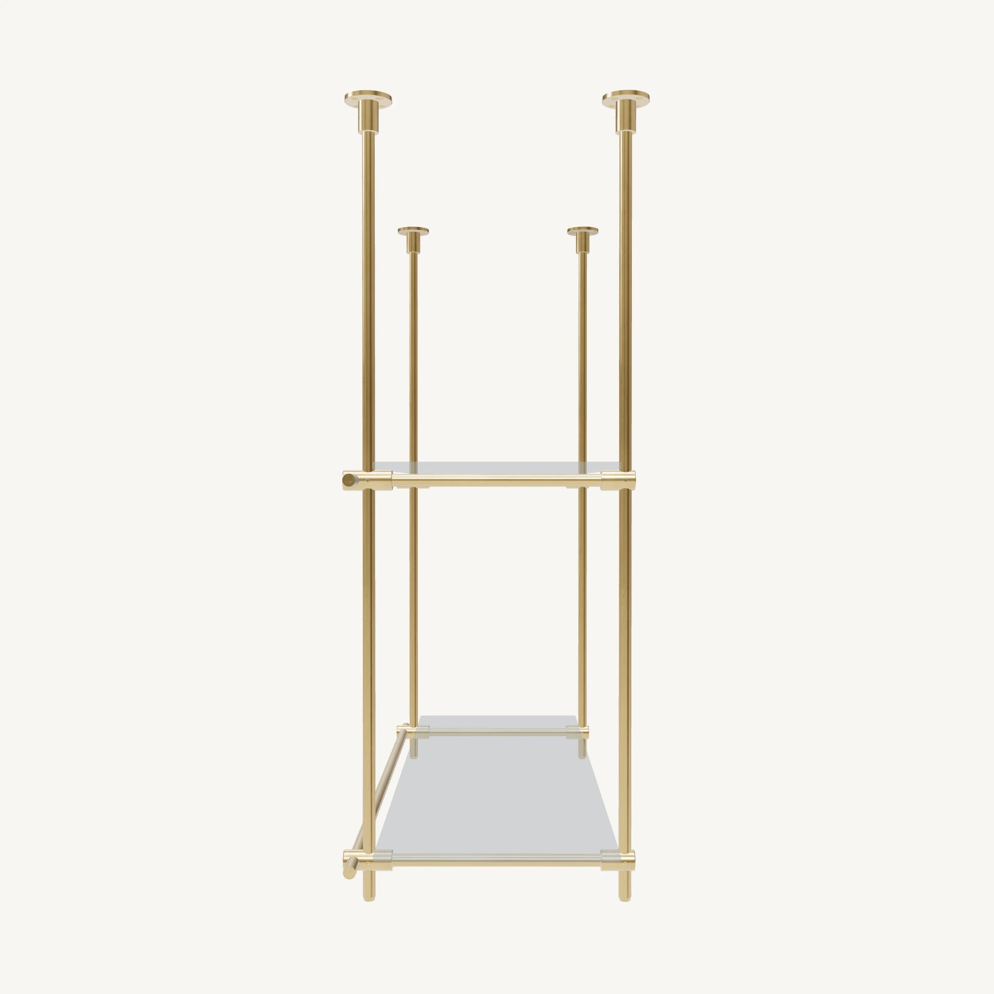 Custom ceiling-mounted solid brass shelving frame, 2 shelves, 1 section, side view, unlacquered satin brass finish, glass not included, BrassShelf