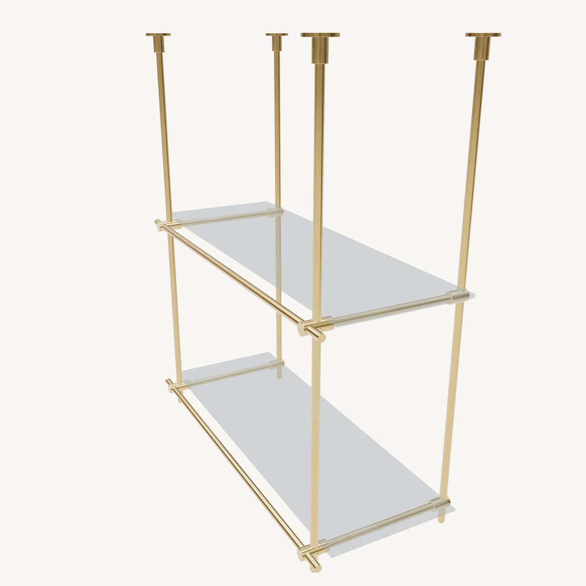 Custom ceiling-mounted solid brass shelving frame, 2 shelves, 1 section, top view, unlacquered satin brass finish, glass not included, BrassShelf
