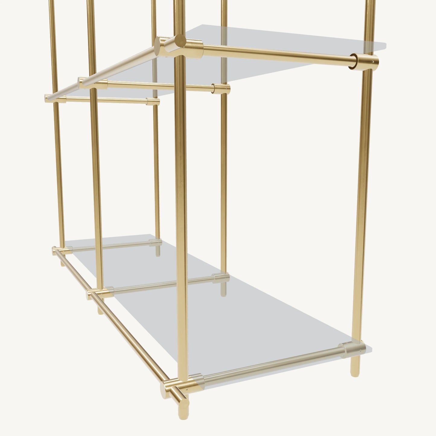 Custom ceiling-mounted solid brass shelving frame, 2 shelves, 2 sections, detail view, unlacquered satin brass finish, glass not included, BrassShelf
