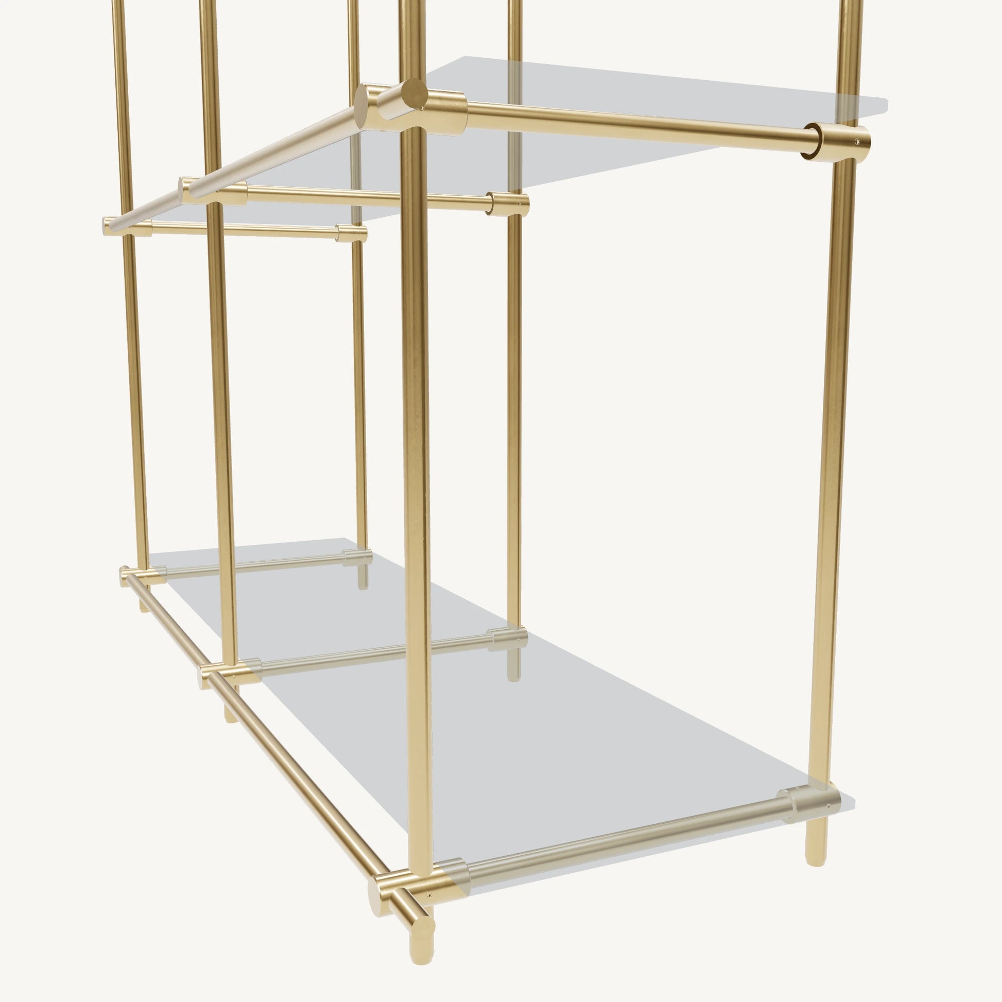 Custom ceiling-mounted solid brass shelving frame, 2 shelves, 2 sections, detail view, unlacquered satin brass finish, glass not included, BrassShelf
