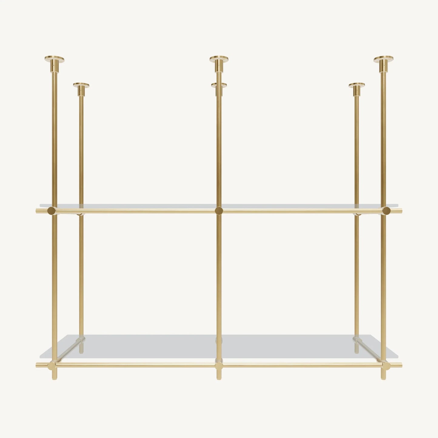 Custom ceiling-mounted solid brass shelving frame, 2 shelves 2 sections, front view, unlacquered satin brass finish, glass not included, BrassShelf