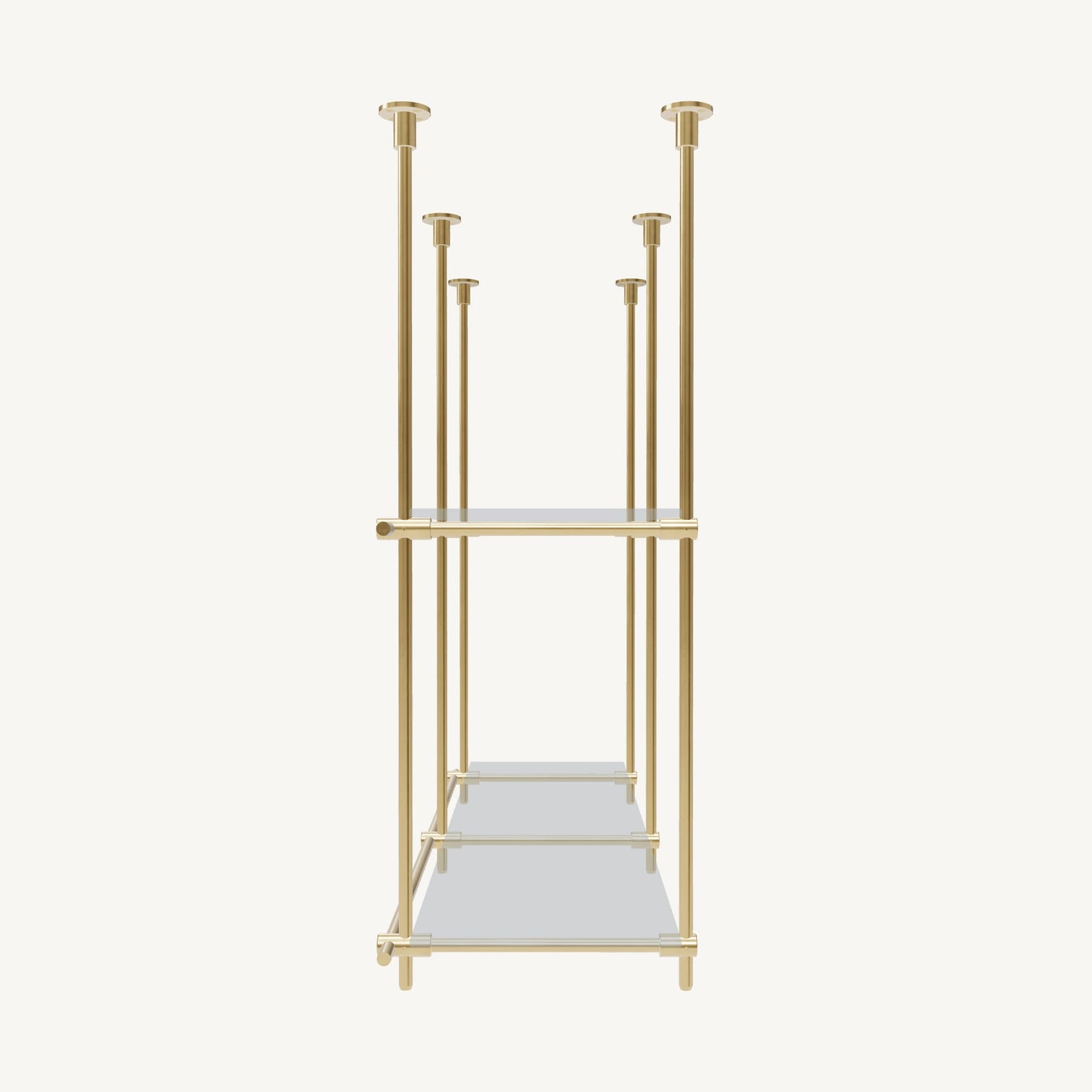 Custom ceiling-mounted solid brass shelving frame, 2 shelves, 2 sections, side view, unlacquered satin brass finish, glass not included, BrassShelf