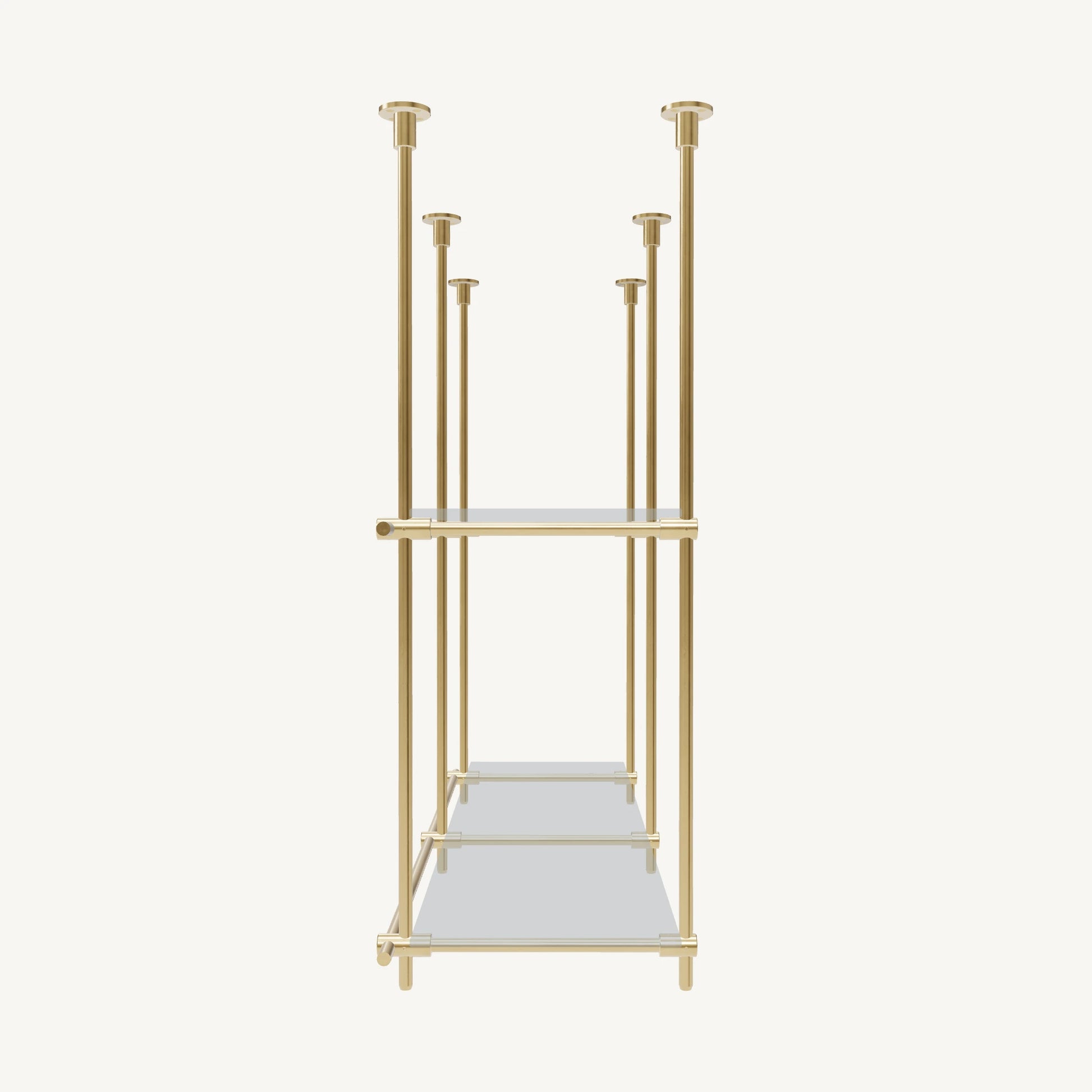 Custom ceiling-mounted solid brass shelving frame, 2 shelves, 2 sections, side view, unlacquered satin brass finish, glass not included, BrassShelf