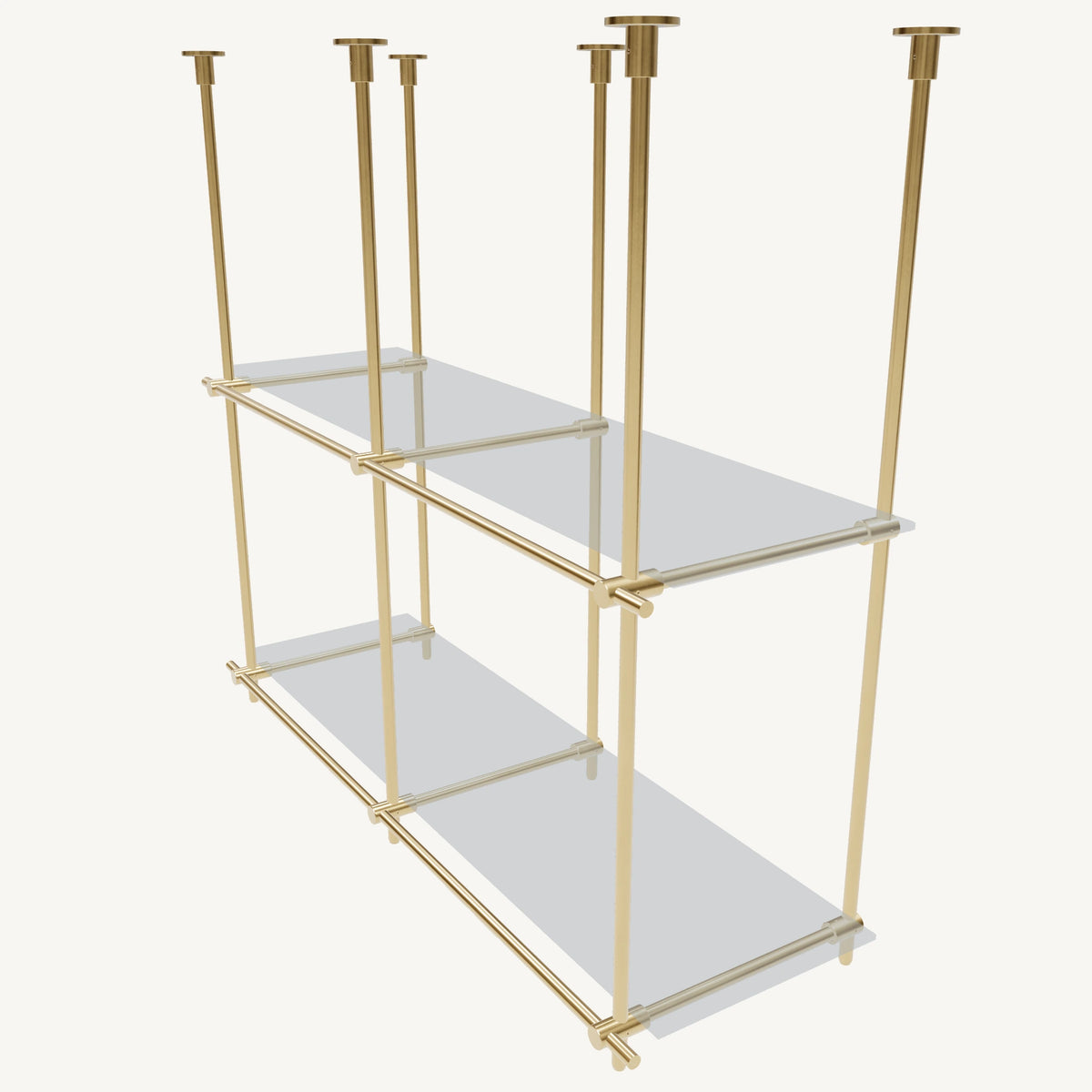 Custom ceiling-mounted solid brass shelving frame, 2 shelves, 2 sections, top view, unlacquered satin brass finish, glass not included, BrassShelf