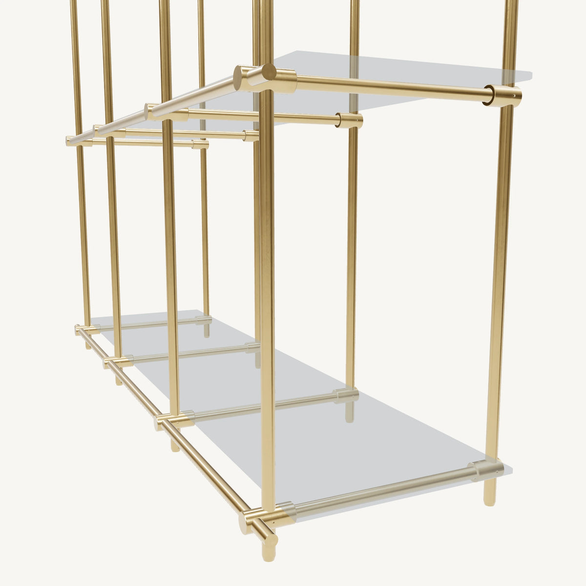 Custom ceiling-mounted solid brass shelving frame, 2 shelves, 3 sections, detail view, unlacquered satin brass finish, glass not included, BrassShelf