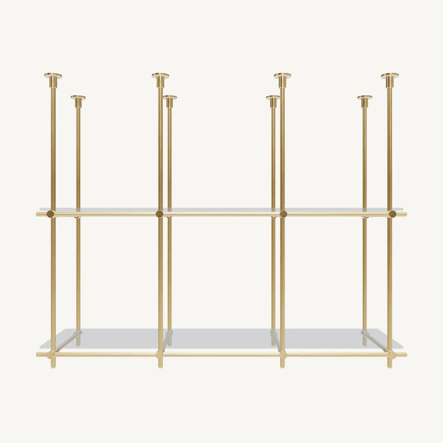 Custom ceiling-mounted solid brass shelving frame, 2 shelves 3 sections, front view, unlacquered satin brass finish, glass not included, BrassShelf