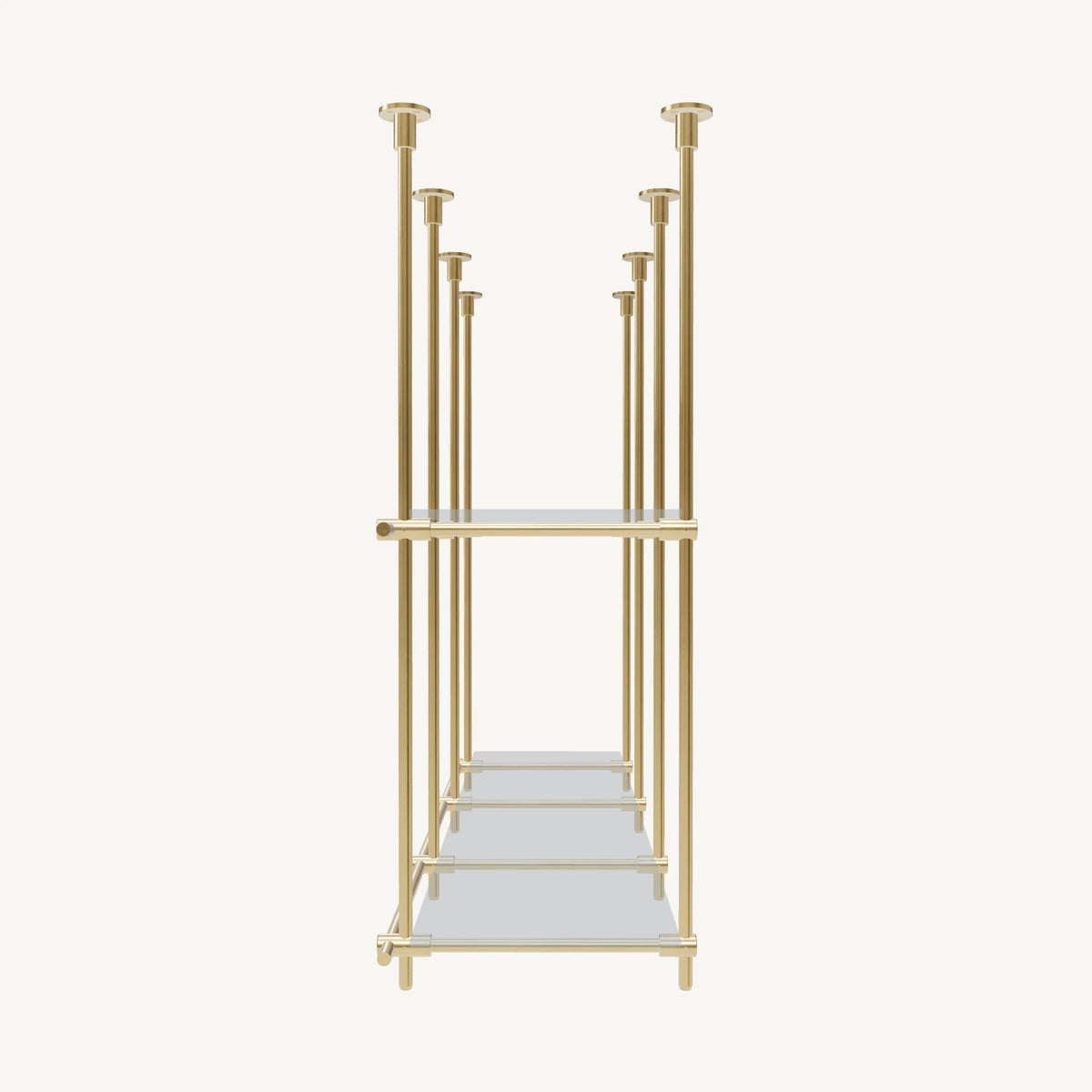 Custom ceiling-mounted solid brass shelving frame, 2 shelves, 3 sections, side view, unlacquered satin brass finish, glass not included, BrassShelf