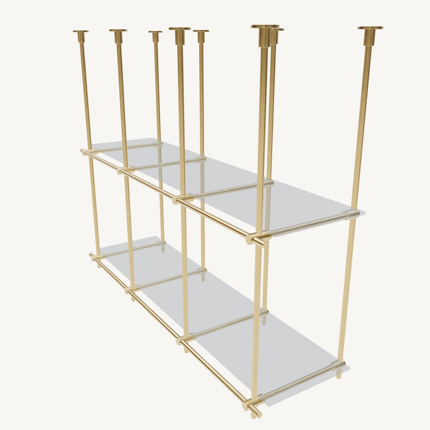 Custom ceiling-mounted solid brass shelving frame, 2 shelves, 3 sections, top view, unlacquered satin brass finish, glass not included, BrassShelf