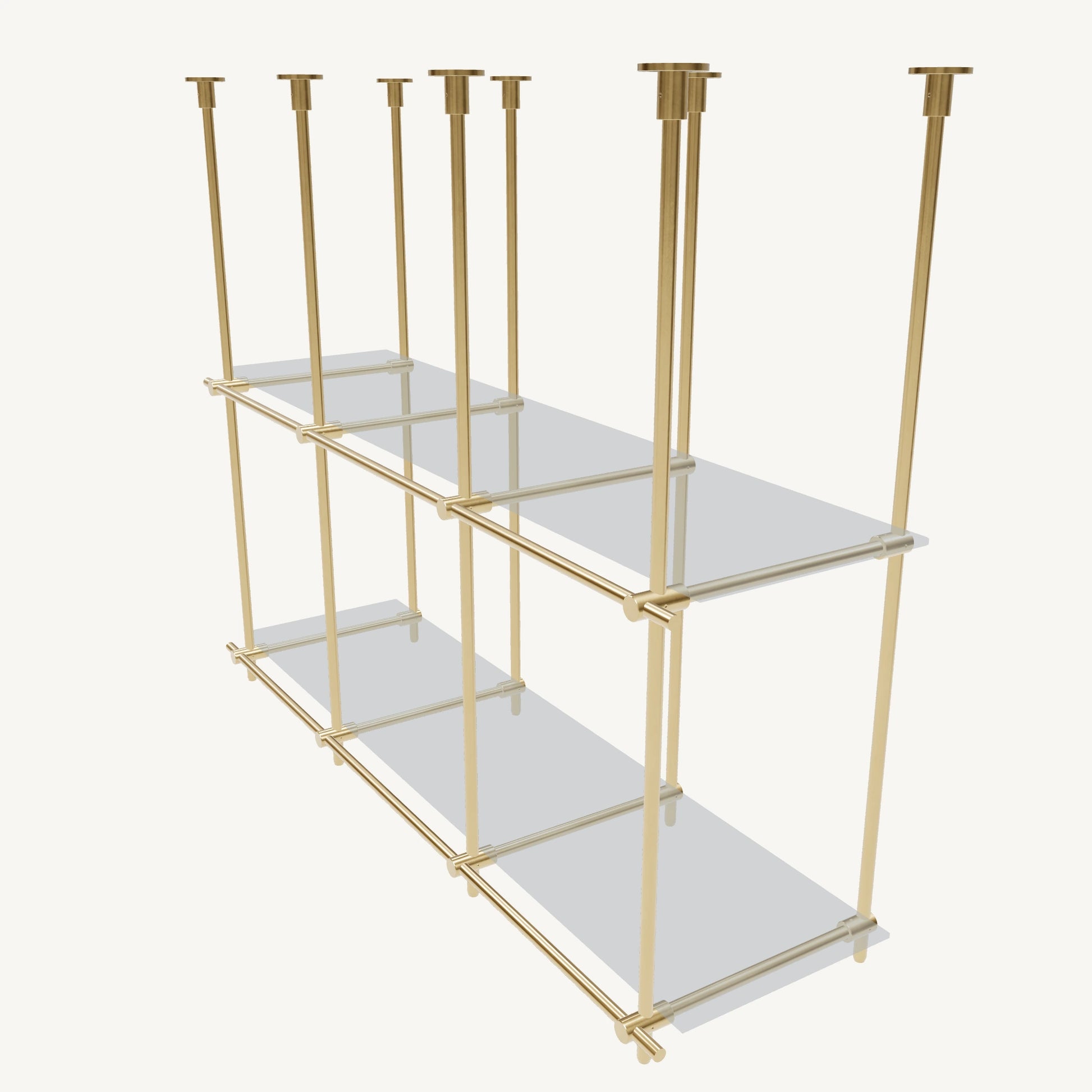 Custom ceiling-mounted solid brass shelving frame, 2 shelves, 3 sections, top view, unlacquered satin brass finish, glass not included, BrassShelf