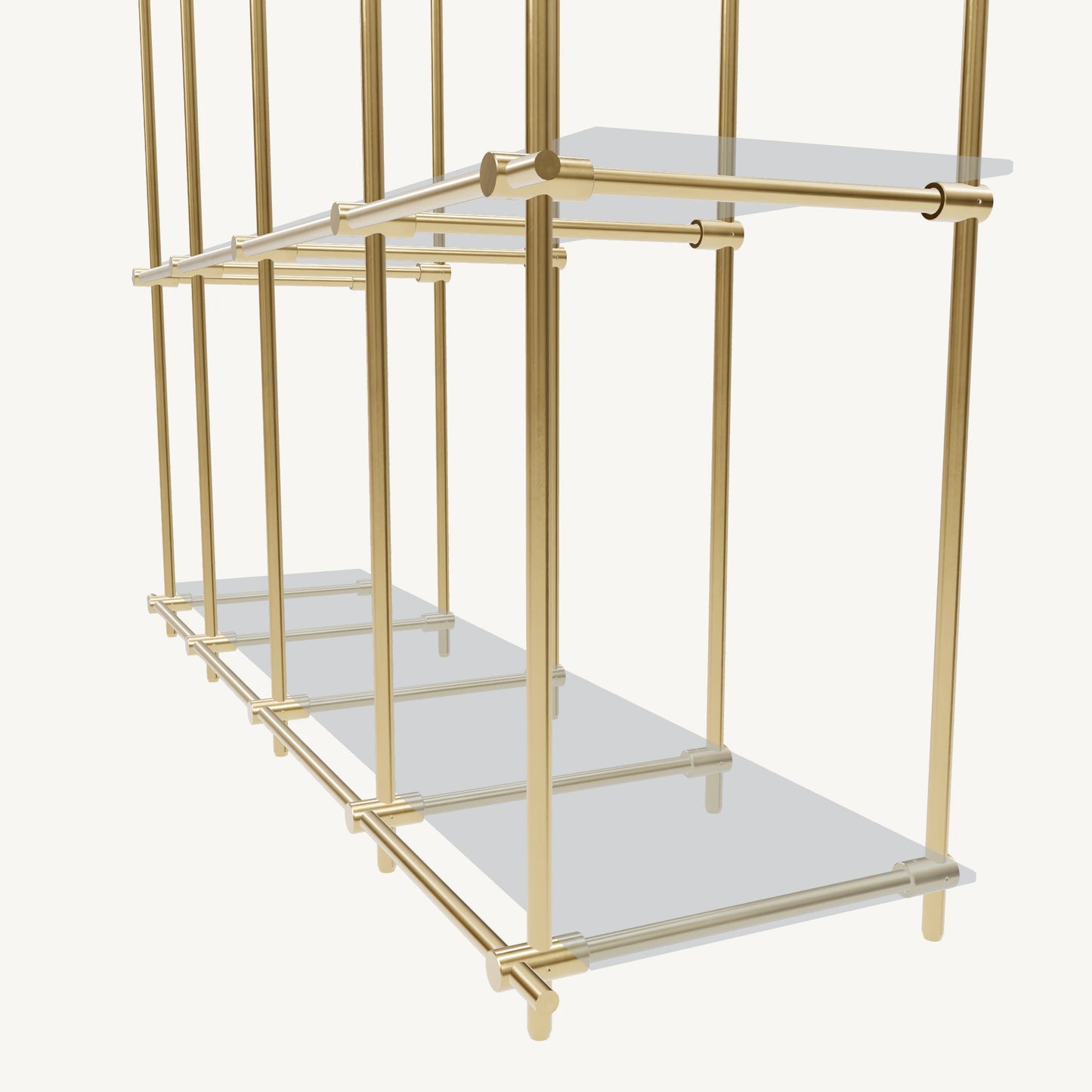 Custom ceiling-mounted solid brass shelving frame, 2 shelves, 4 sections, detail view, unlacquered satin brass finish, glass not included, BrassShelf