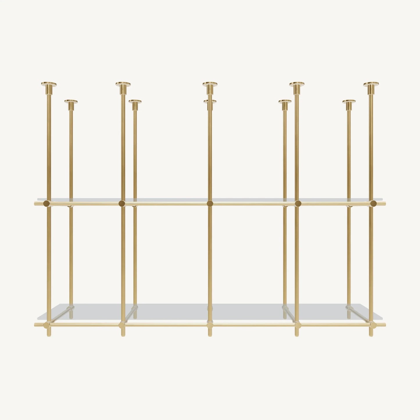 Custom ceiling-mounted solid brass shelving frame, 2 shelves 4 sections, front view, unlacquered satin brass finish, glass not included, BrassShelf