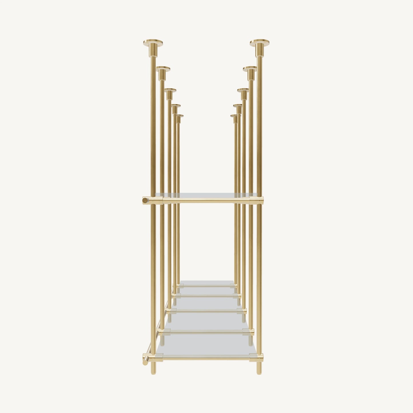 Custom ceiling-mounted solid brass shelving frame, 2 shelves, 4 sections, side view, unlacquered satin brass finish, glass not included, BrassShelf