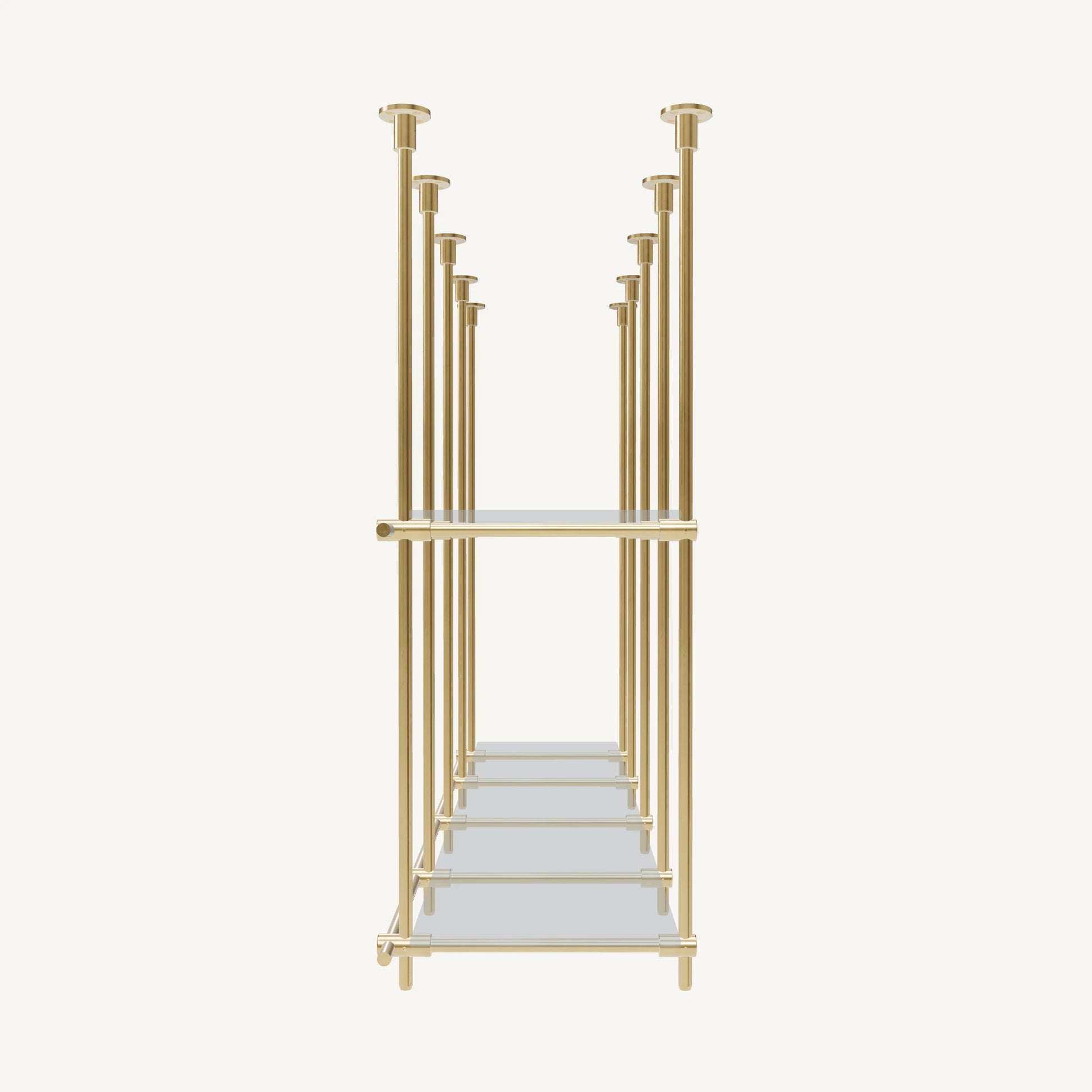 Custom ceiling-mounted solid brass shelving frame, 2 shelves, 4 sections, side view, unlacquered satin brass finish, glass not included, BrassShelf