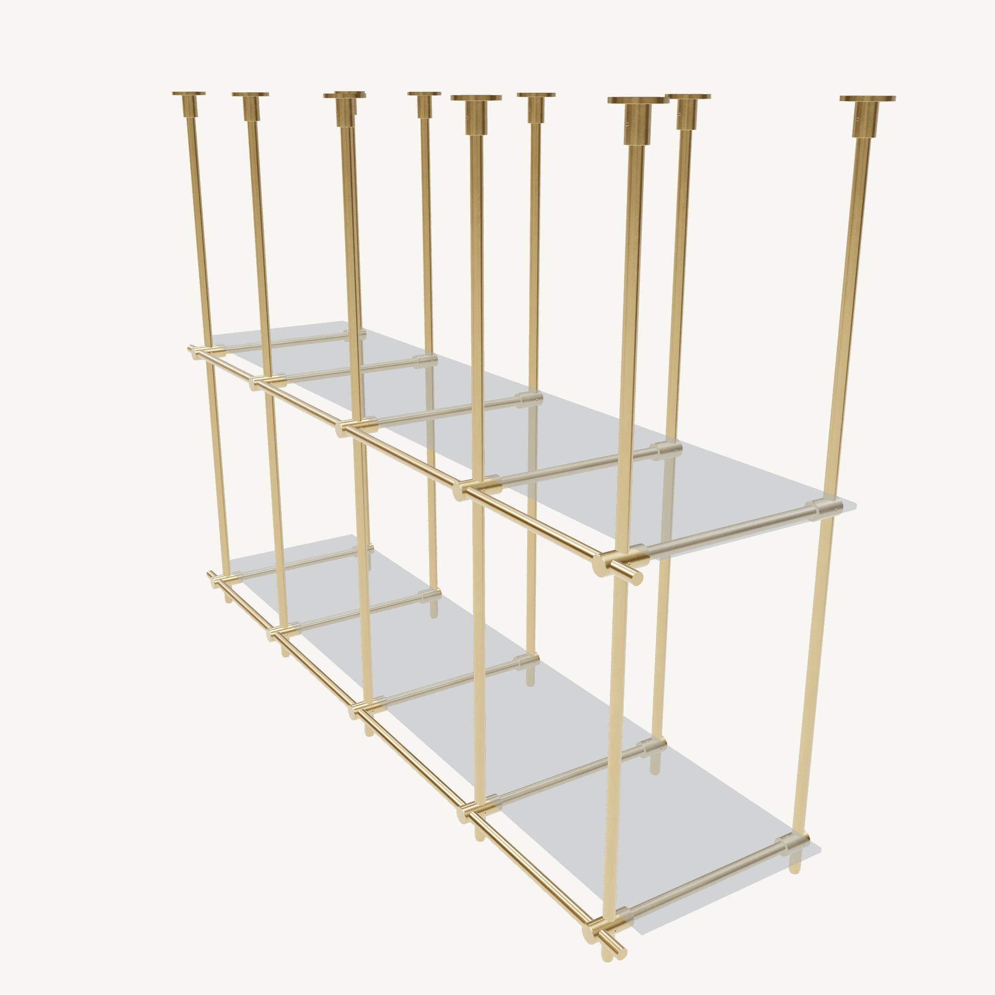 Custom ceiling-mounted solid brass shelving frame, 2 shelves, 4 sections, top view, unlacquered satin brass finish, glass not included, BrassShelf