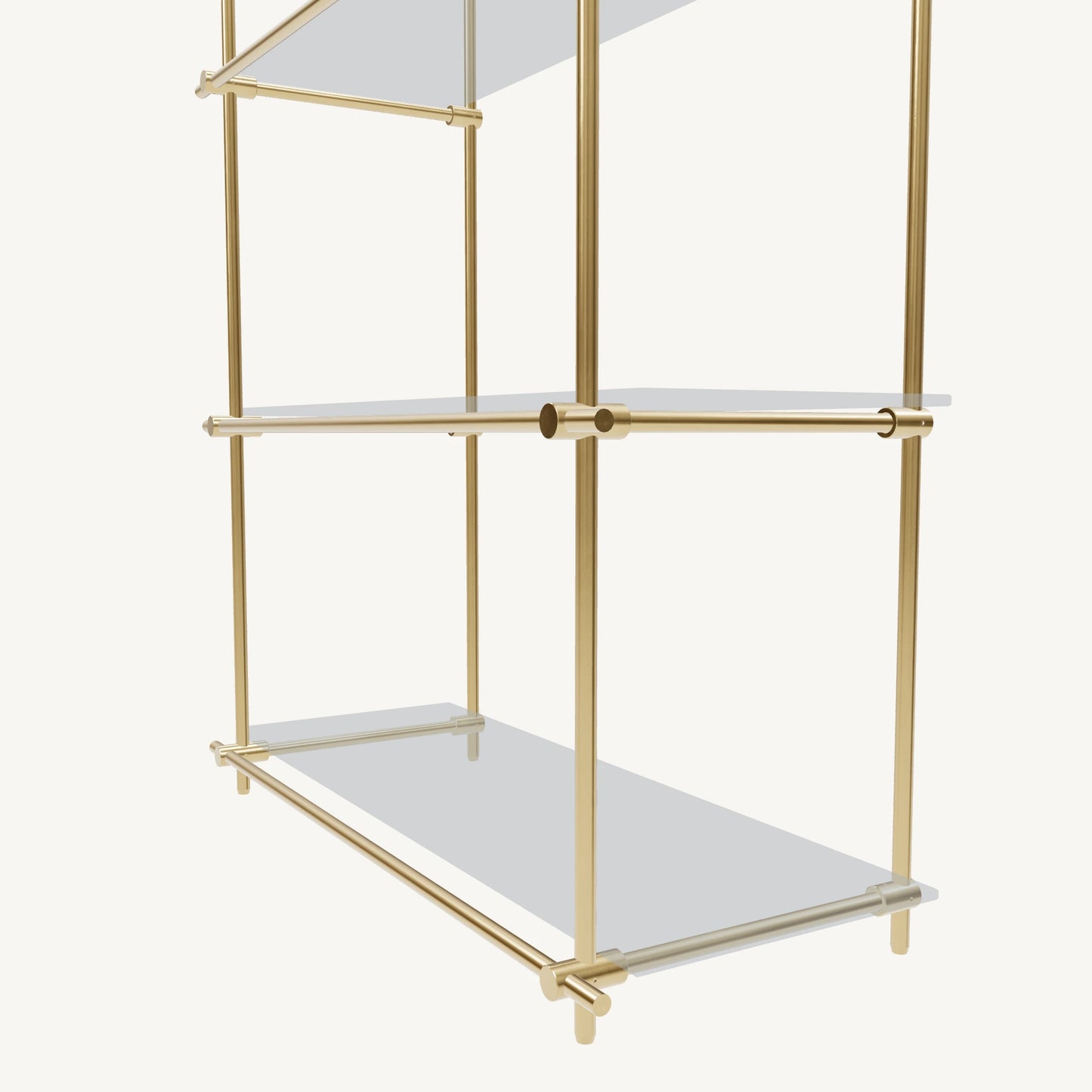 Custom ceiling-mounted solid brass shelving frame, 3 shelves, 1 section, detail view, unlacquered satin brass finish, glass not included, BrassShelf