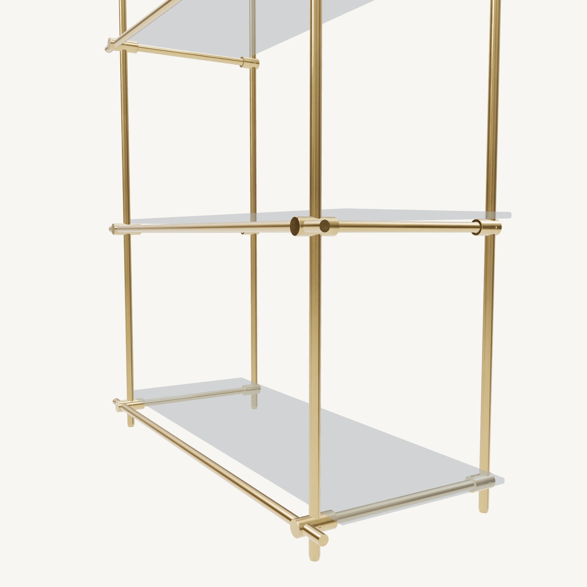 Custom ceiling-mounted solid brass shelving frame, 3 shelves, 1 section, detail view, unlacquered satin brass finish, glass not included, BrassShelf