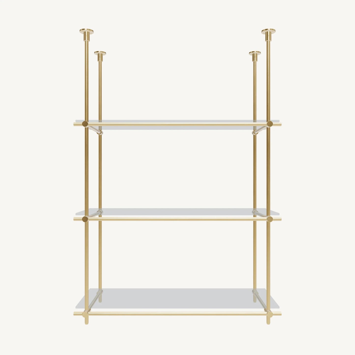 Custom ceiling-mounted solid brass shelving frame, 3 shelves 1 section, front view, unlacquered satin brass finish, glass not included, BrassShelf