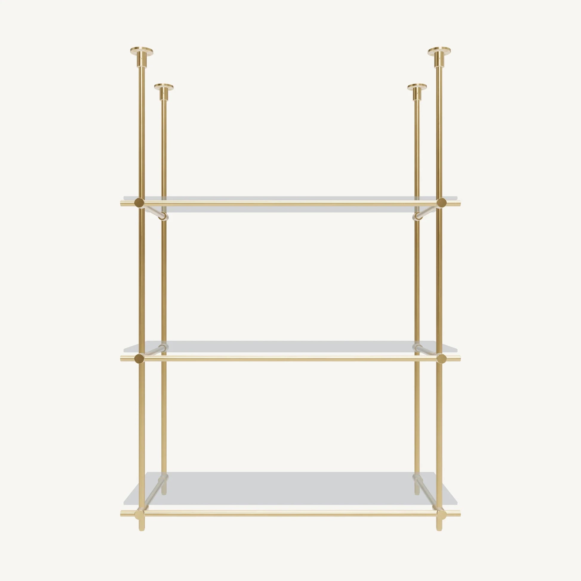 Custom ceiling-mounted solid brass shelving frame, 3 shelves, 1 section, front view, unlacquered satin brass finish, glass not included, BrassShelf