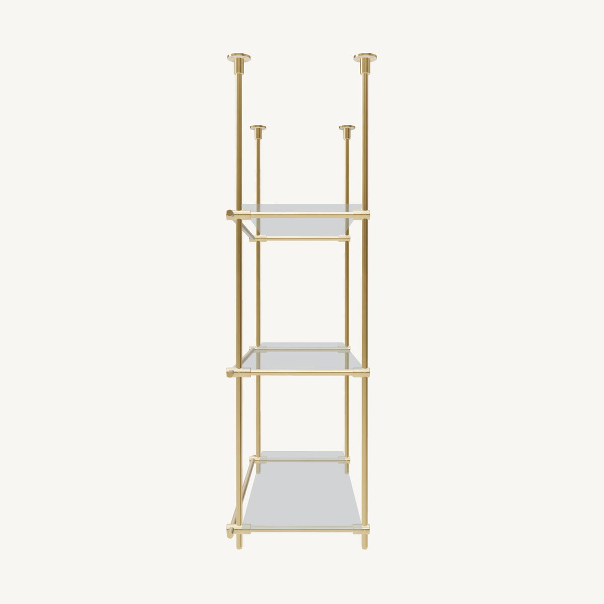 Custom ceiling-mounted solid brass shelving frame, 3 shelves, 1 section, side view, unlacquered satin brass finish, glass not included, BrassShelf