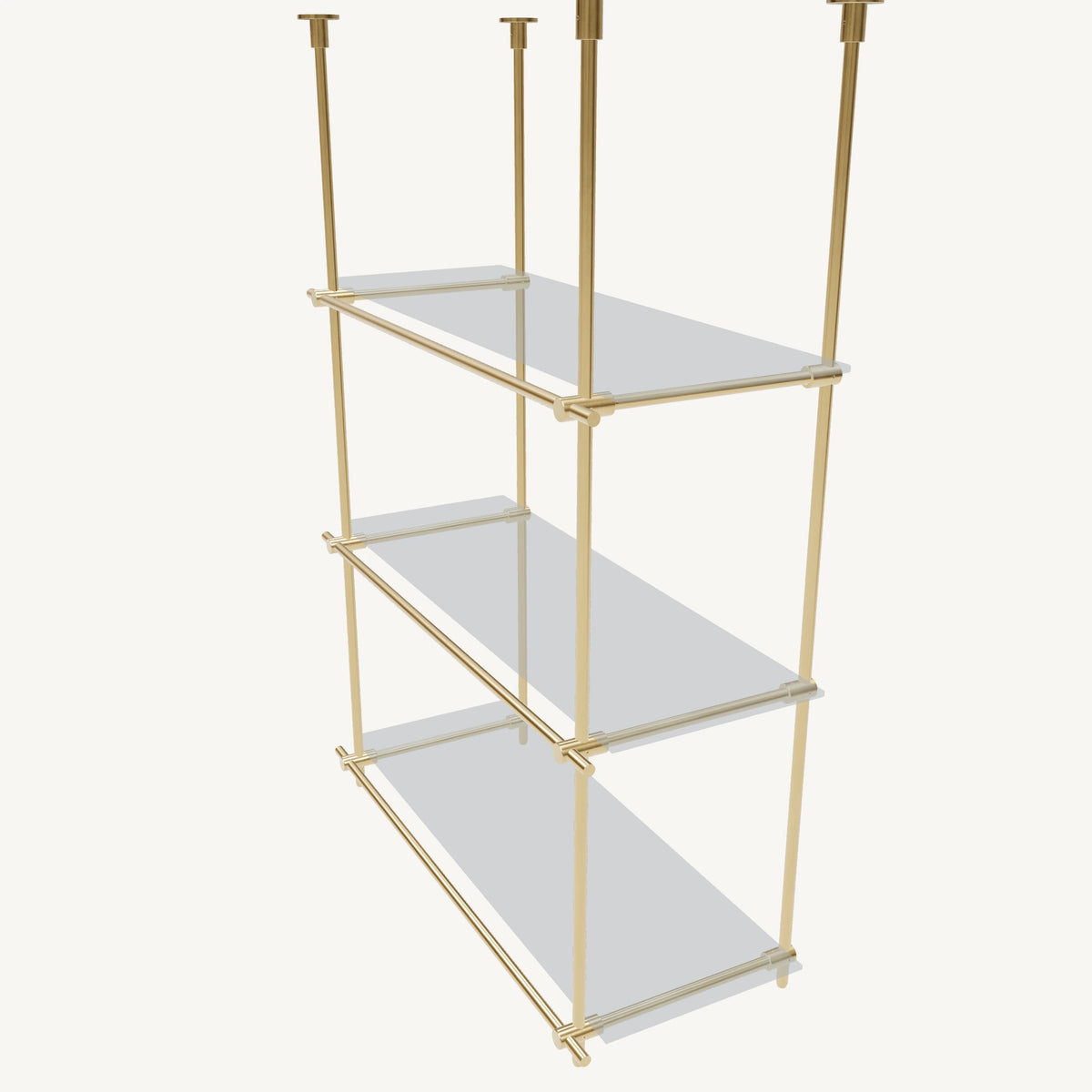 Custom ceiling-mounted solid brass shelving frame, 3 shelves, 1 section, top view, unlacquered satin brass finish, glass not included, BrassShelf