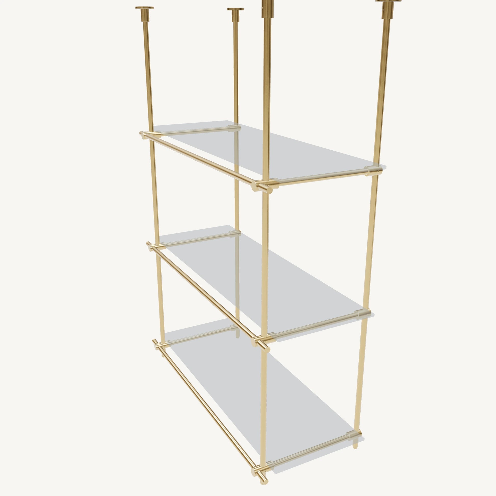 Custom ceiling-mounted solid brass shelving frame, 3 shelves, 1 section, top view, unlacquered satin brass finish, glass not included, BrassShelf