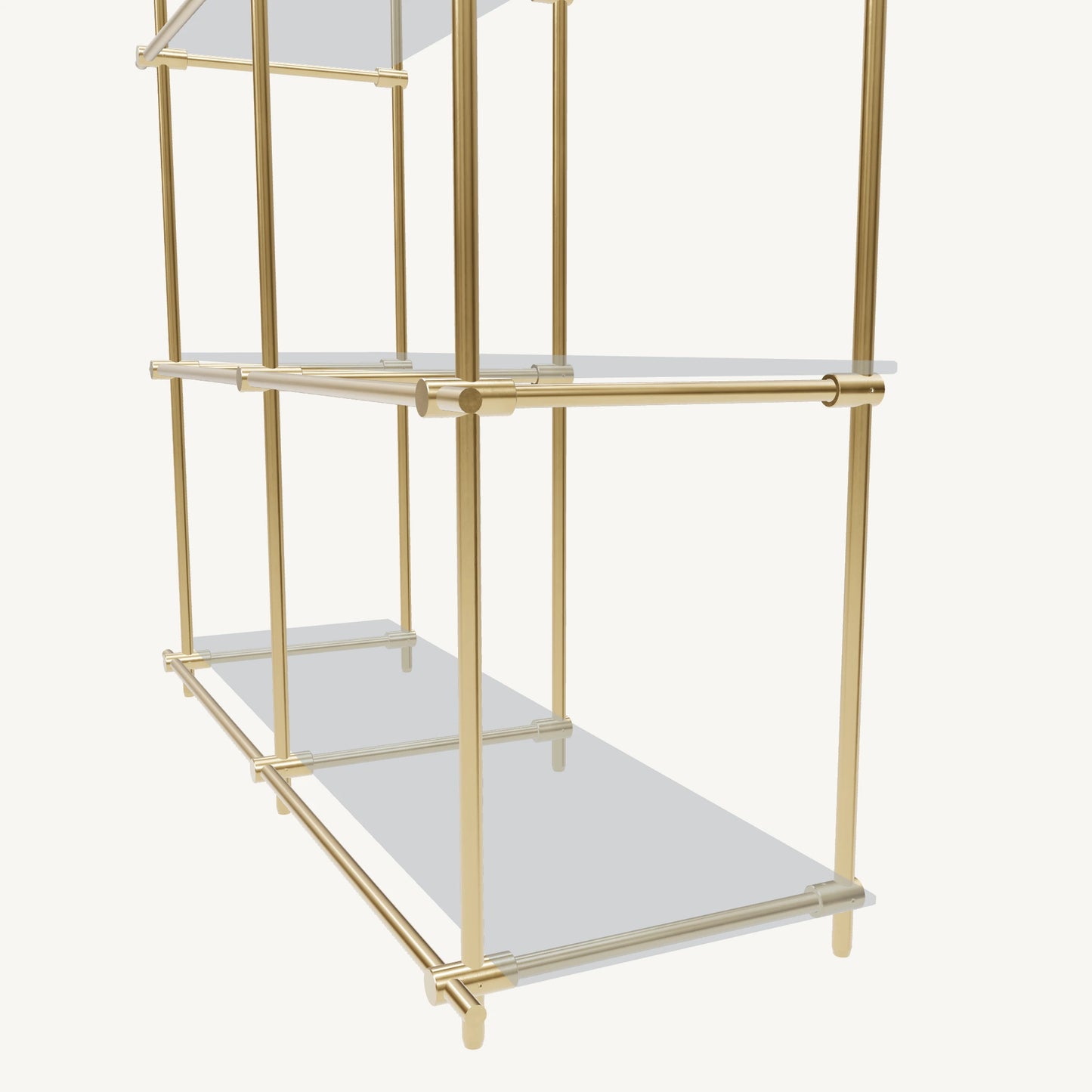 Custom ceiling-mounted solid brass shelving frame, 3 shelves, 2 sections, detail view, unlacquered satin brass finish, glass not included, BrassShelf