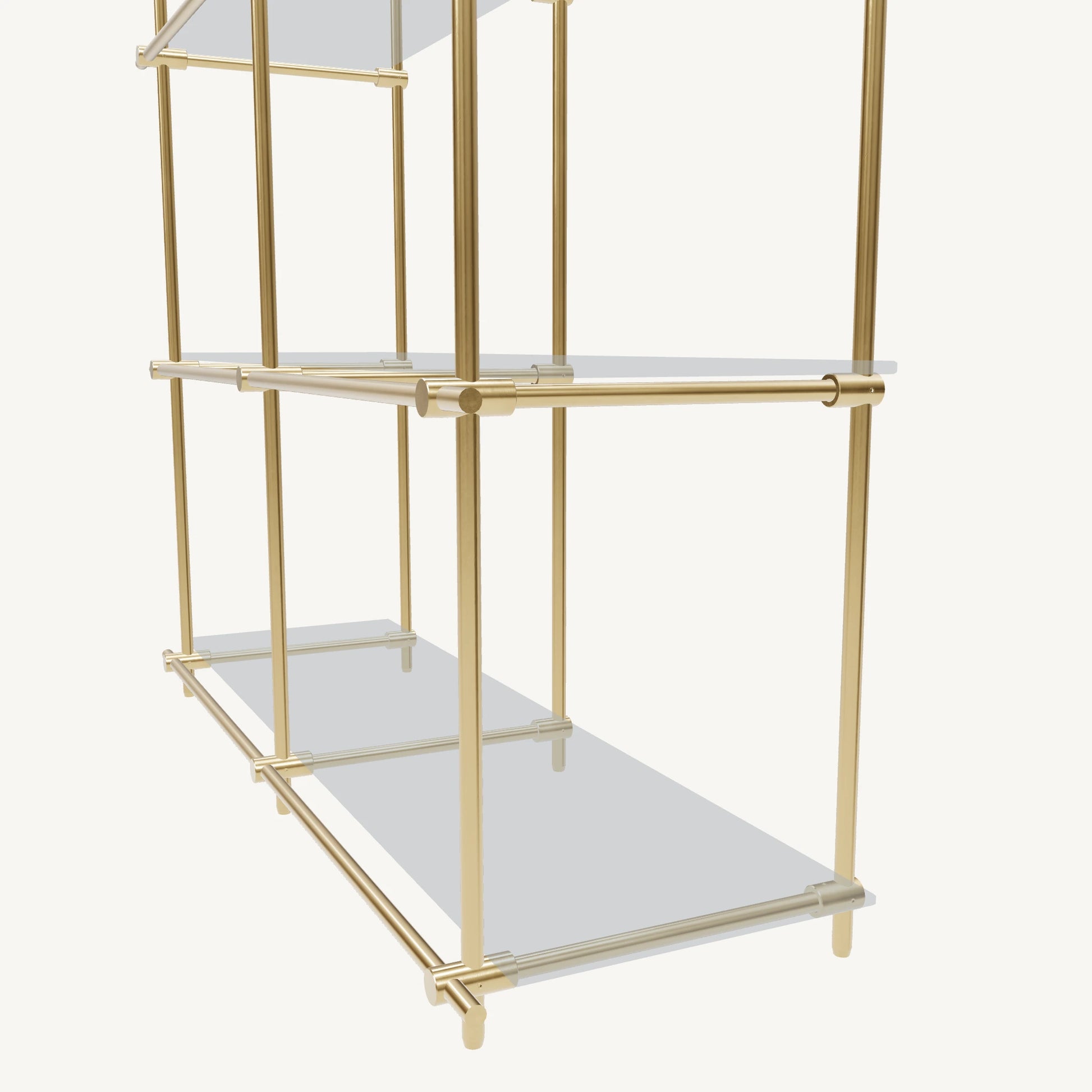 Custom ceiling-mounted solid brass shelving frame, 3 shelves, 2 sections, detail view, unlacquered satin brass finish, glass not included, BrassShelf
