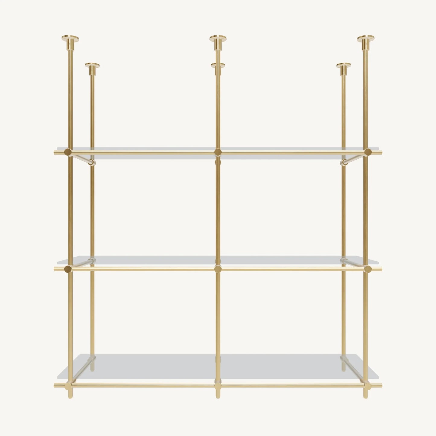 Custom ceiling-mounted solid brass shelving frame, 3 shelves 2 sections, front view, unlacquered satin brass finish, glass not included, BrassShelf