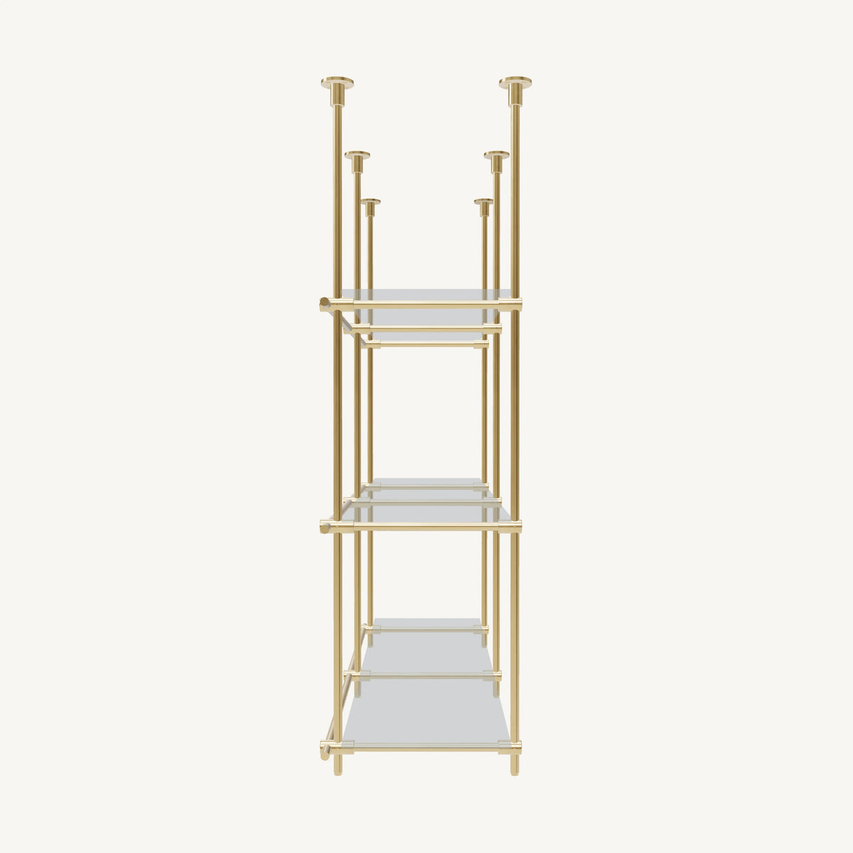 Custom ceiling-mounted solid brass shelving frame, 3 shelves, 2 sections, side view, unlacquered satin brass finish, glass not included, BrassShelf