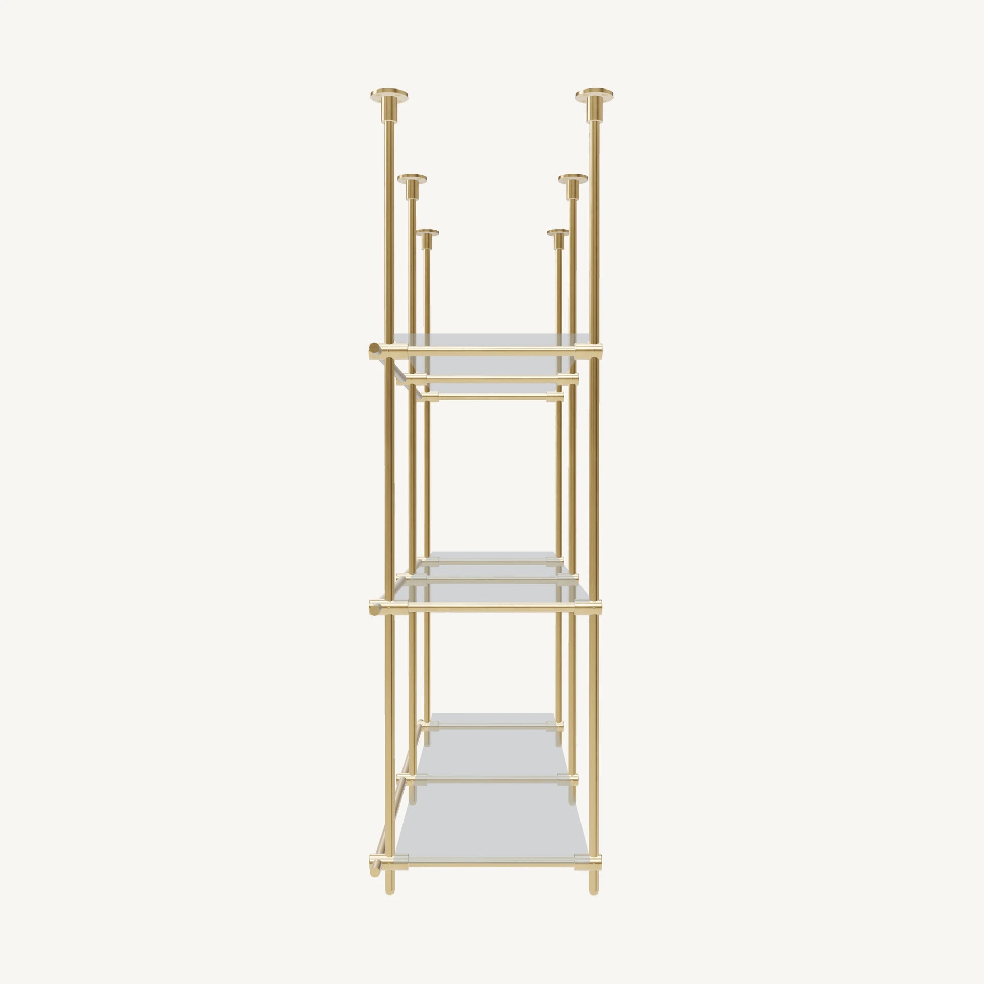 Custom ceiling-mounted solid brass shelving frame, 3 shelves, 2 sections, side view, unlacquered satin brass finish, glass not included, BrassShelf