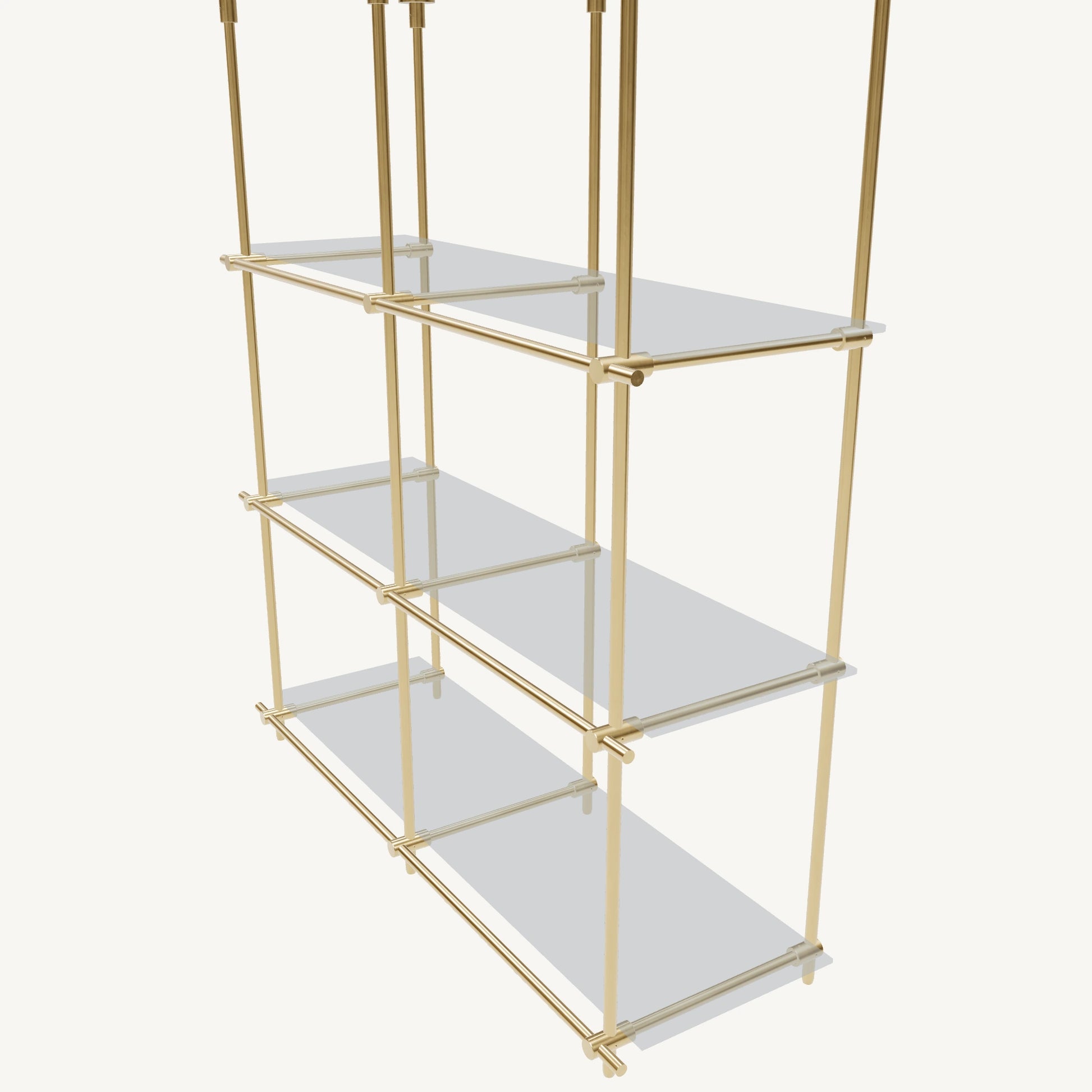 Custom ceiling-mounted solid brass shelving frame, 3 shelves, 2 sections, top view, unlacquered satin brass finish, glass not included, BrassShelf